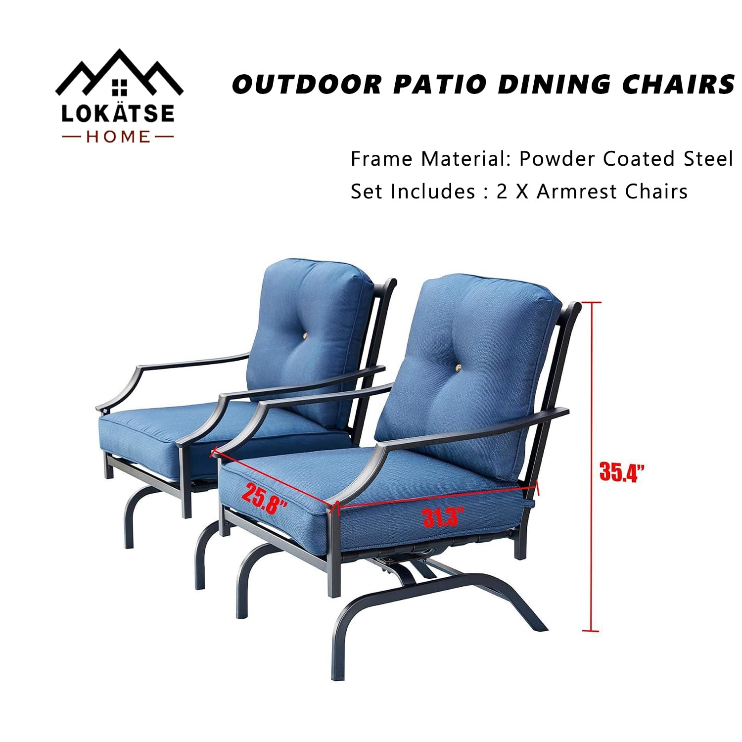 LOKATSE HOME 2-Piece Outdoor Metal Patio Chairs Set with Cushions - Blue Bistro Dining Armchairs for Garden, Balcony, and Backyard Conversation Seating