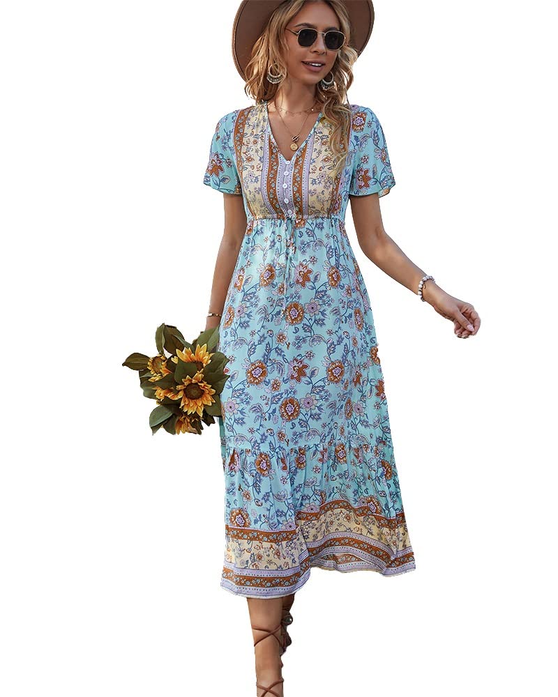 2022 Women's Boho Summer V-Neck Short Sleeve A-Line Dress - Flowy Casual Sundress for Beach, Vacation & Outdoor Activities