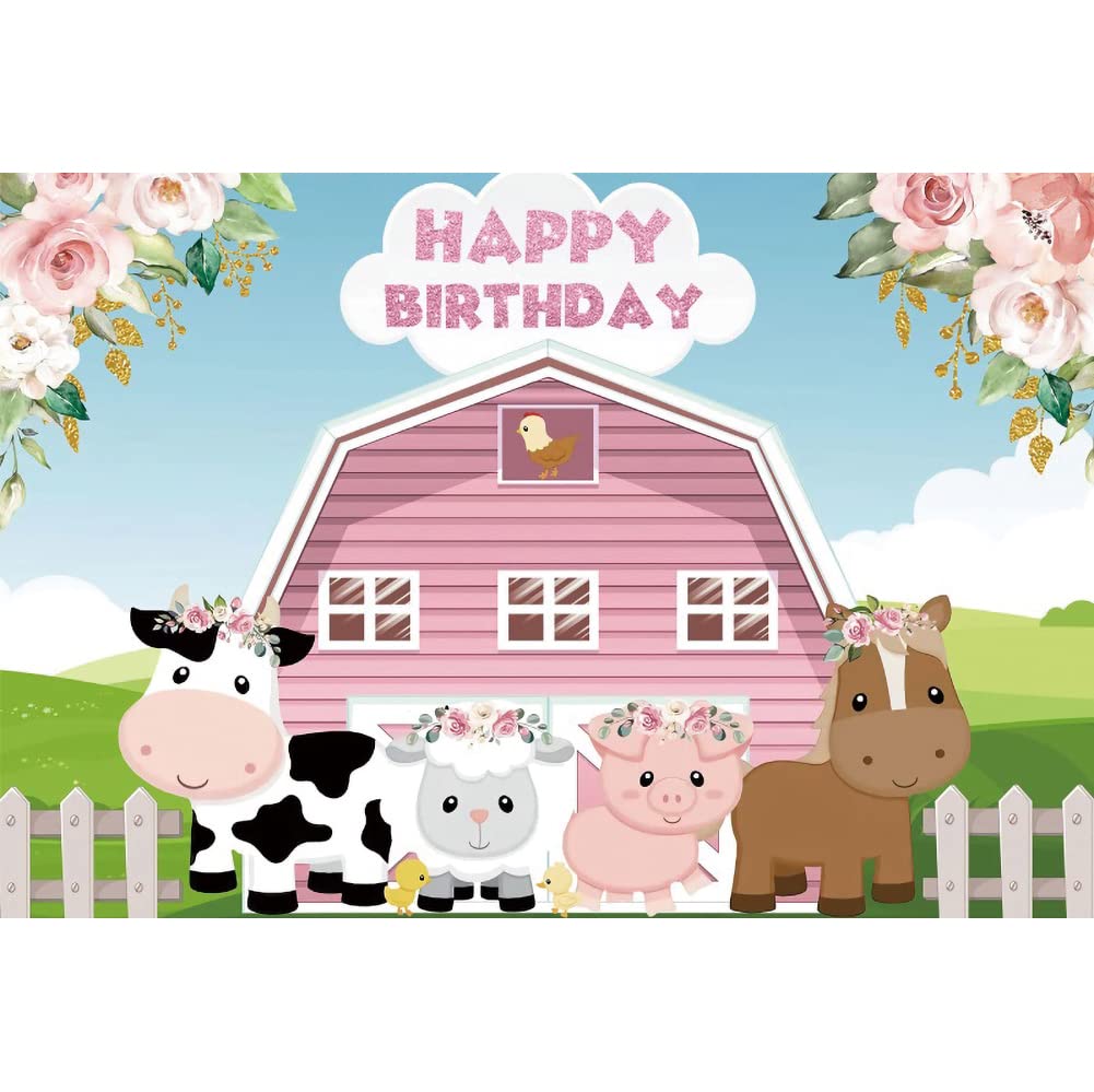 Canessioa 12x10ft Cute Pink Farm Animals Photography Backdrop - Vinyl Girls Birthday Party Background, Flower Princess Photo Backdrop for Newborn Baby Shower & Birthday Decor - Perfect for Baby Showers, Birthday Parties, and Photo Sessions