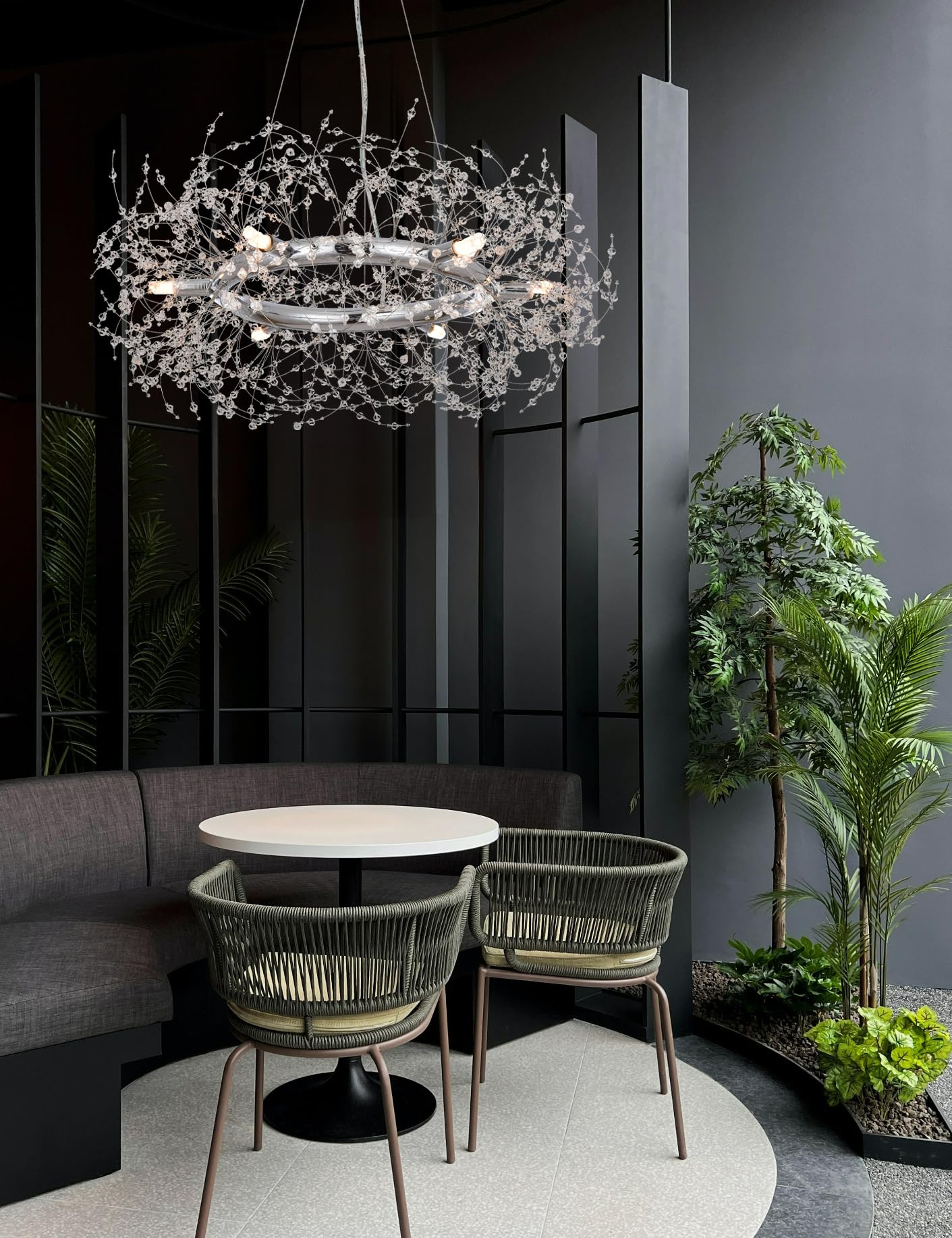 Modern Silver Crystal Firework Chandelier - Large Round Chrome Dining Room Ceiling Light Fixture for Bedroom, Living Room, Entryway | Elegant Lighting for Home Decor, Wedding & Restaurant Ambiance