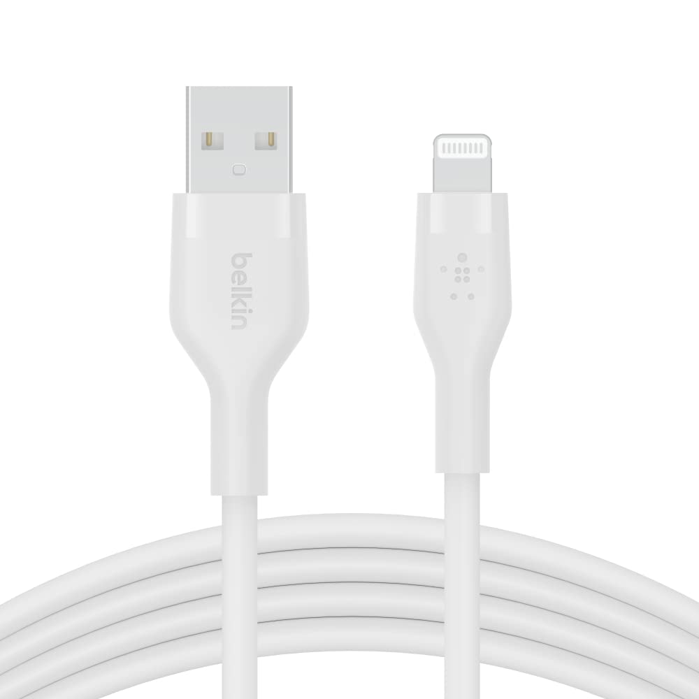 Belkin BoostCharge Flex Silicone USB-A to Lightning Cable (6.6FT/2M) - MFi Certified iPhone Charger for iPhone 14/13/12/11/X/8 & More - Durable & Tangle-Free with Cable Clip - Perfect for Home, Office & Travel - White