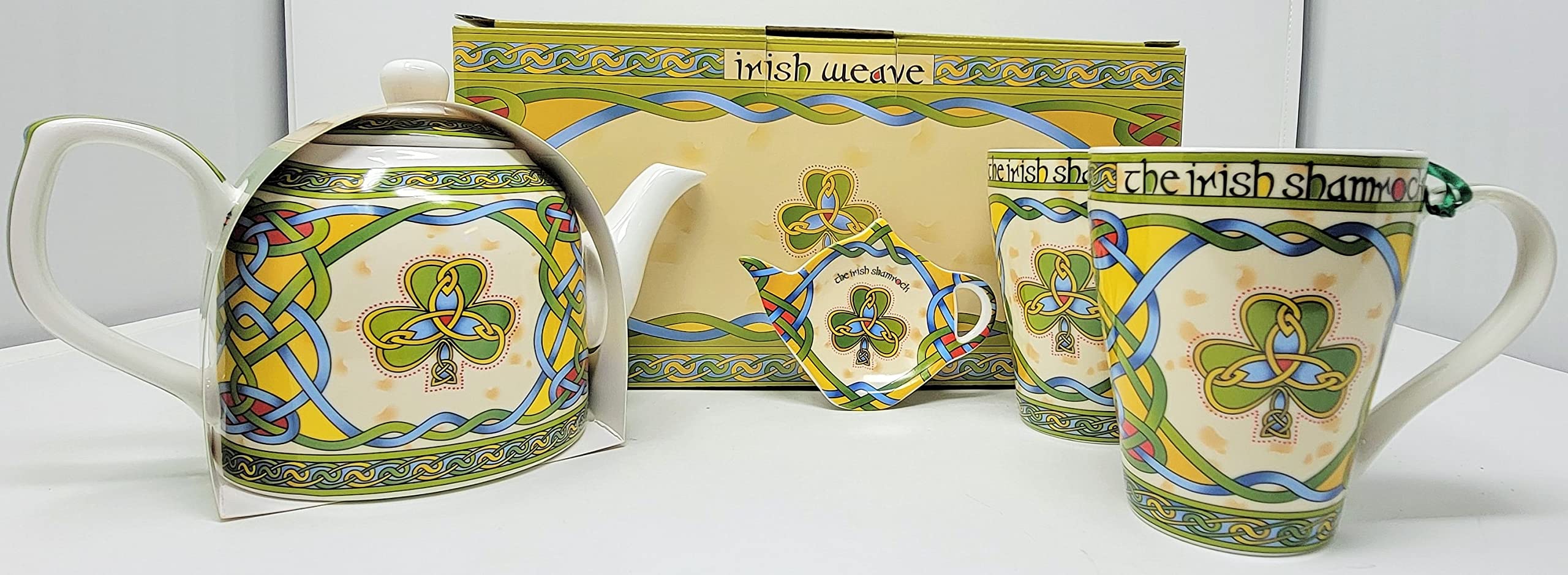 Royal Tara Irish Shamrock Porcelain Tea Set - Celtic Knot Teapot with Removable Lid, 2 Matching Mugs & Tea Bag Holder | Perfect for St. Patrick's Day Gifts, Afternoon Tea & Irish-Themed Decor