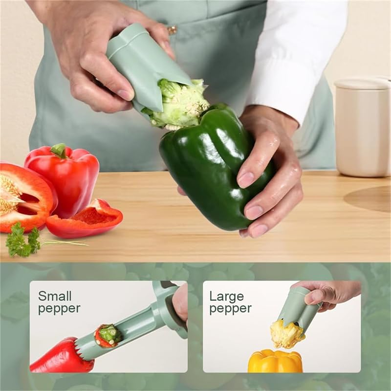 2 in 1 Bell Peppers Seed Core Remover & Jalapeno Corer - Stainless Steel Vegetable & Fruit Coring Tool for BBQ, Cooking, Meal Prep - Quick Core Remover for Green Peppers, Jalapenos, Tomatoes (1x Green)