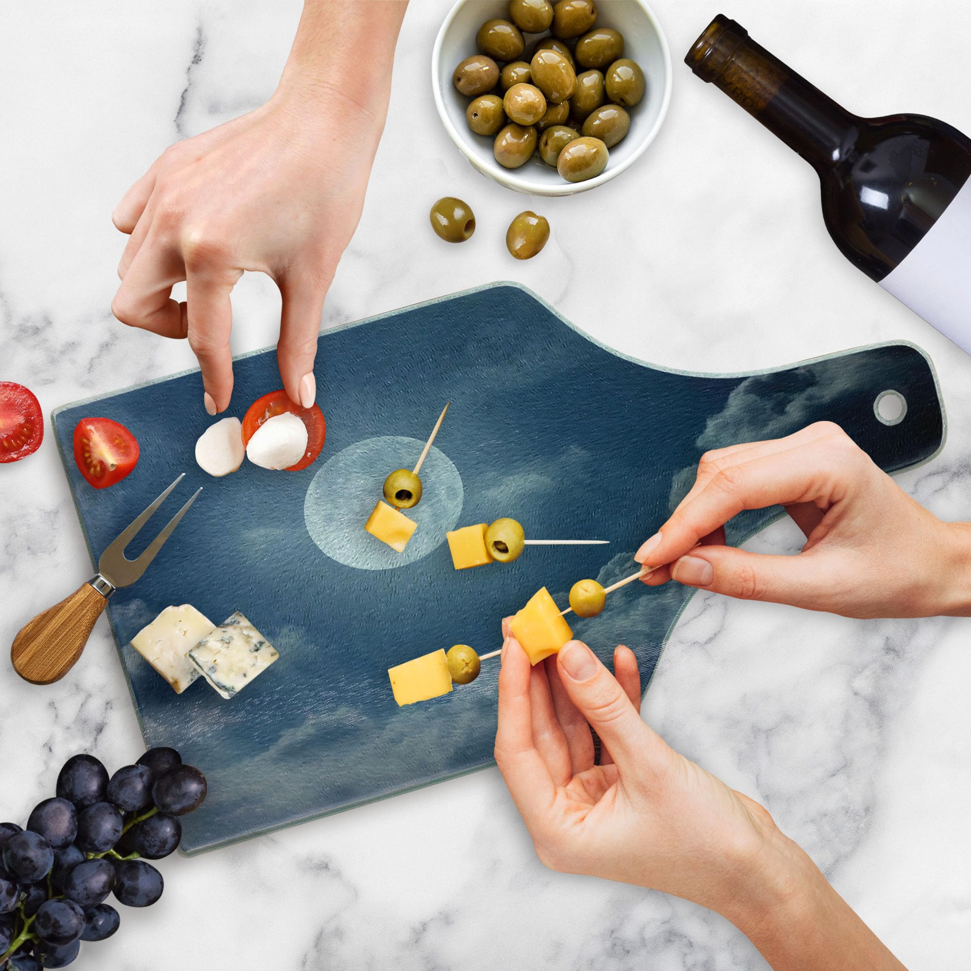 Ambesonne Moon Themed Tempered Glass Cutting Board - Night Sky with Full Moon & Clouds Space Photography Print - Decorative Serving Board for Cheese, Charcuterie & Wine - Dark Blue & White Wine Bottle Shape - Perfect for Dinner Parties, Gifts & Home Decor