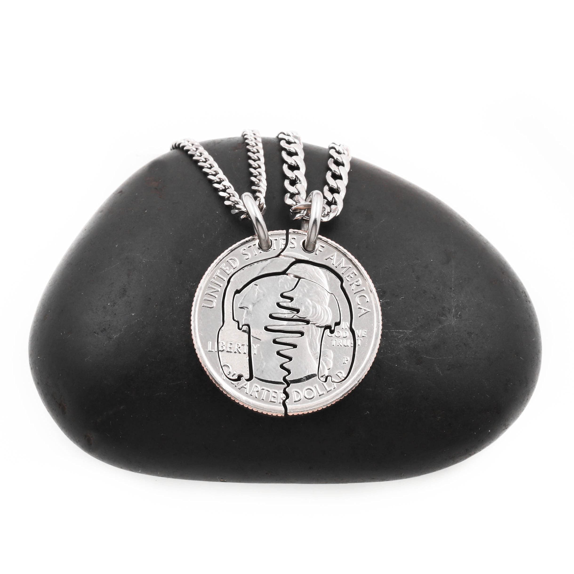Personalized Sound Wave & Headphones Couple Necklaces Set - Best Friends Gift, BFF Matching Jewelry for 2, Hand Cut Interlocking Coin Necklace by NameCoins - Perfect for Anniversaries, Valentine's Day & Long Distance Relationships
