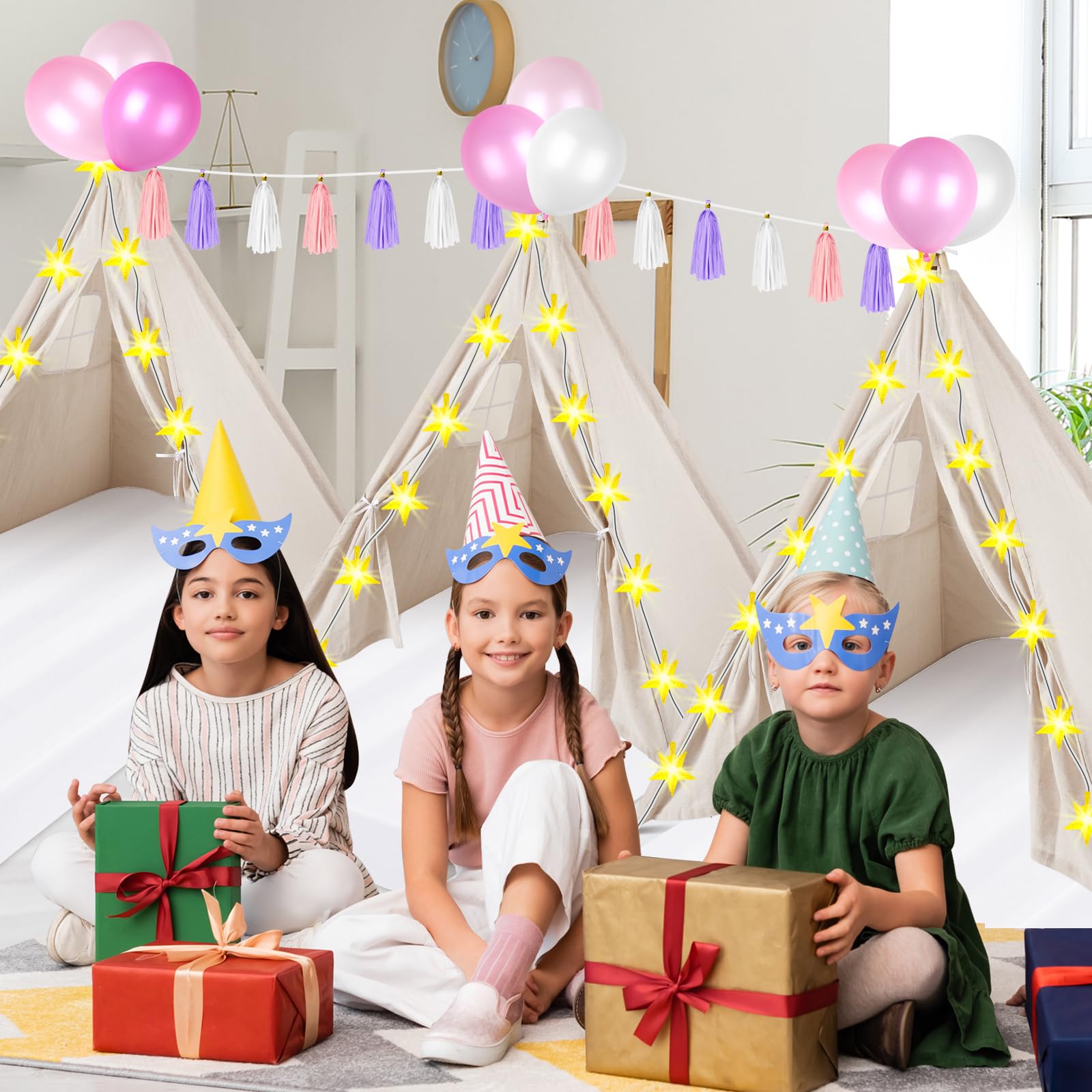 PLULON 4 Pack Kids Teepee Tent for Girls - Indoor Play Tent with Inflatable Airbed & Decorations - White Teepee for Slumber Parties, Sleepovers, Christmas & Birthday Gifts - Perfect for Kids' Room Decor, Playtime & Special Occasions