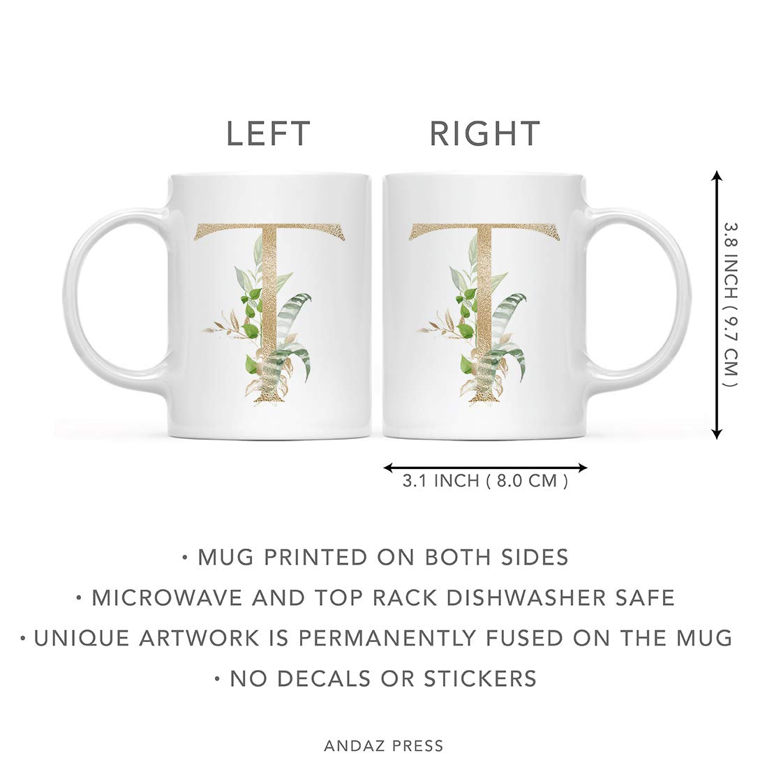 Andaz Press 11oz Ceramic Coffee Mug with Gold Monogram Letter T & Tropical Green Palm Leaves - Perfect for Tea, Coffee, Birthday Gifts, Bridesmaid Favors, Bridal Party & Christmas Presents - Ideal for Home, Office, or Gift-Giving Occasions