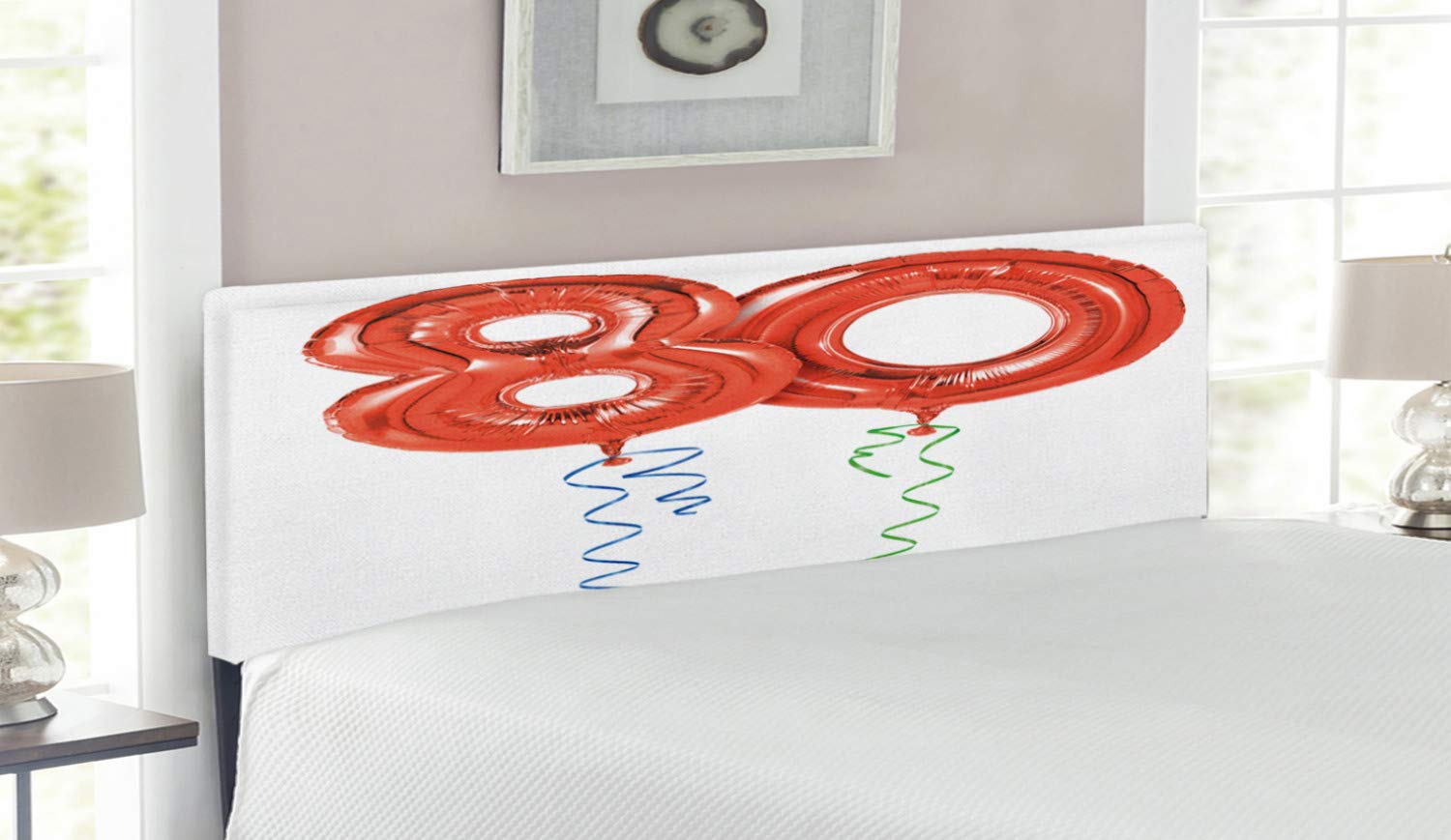 Ambesonne 80th Birthday Headboard - Decorative Upholstered Metal Bed Frame with Memory Foam, Queen Size in Red Green & Blue Balloon Print | Perfect for Grandparent Birthday Parties & Bedroom Decor