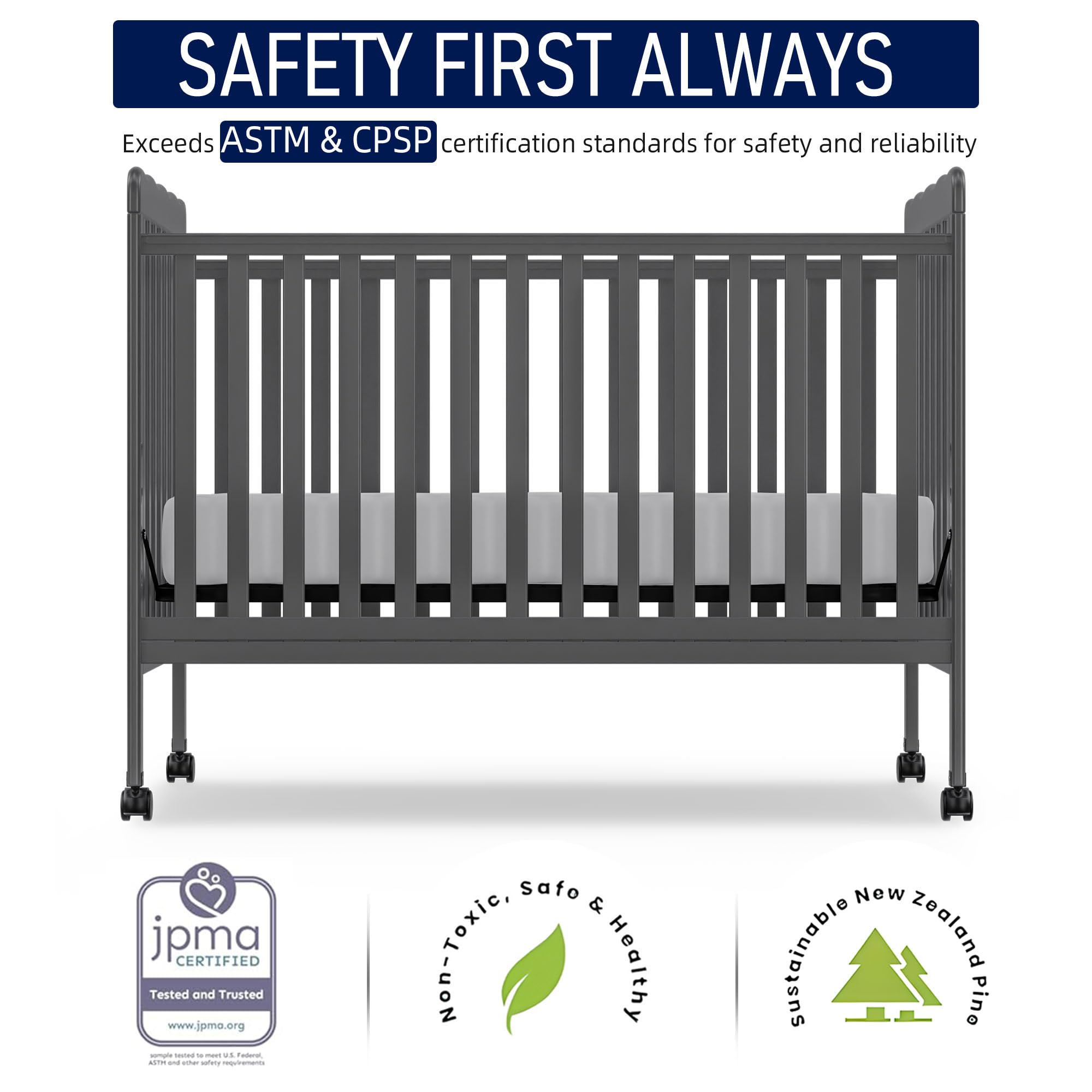 Convertible Baby Crib 3-in-1 to Toddler Bed - Full Size Nursery Furniture with Locking Wheels, Non-Toxic Finish (Storm Gray) - Perfect for Newborns to Toddlers in Modern Nurseries
