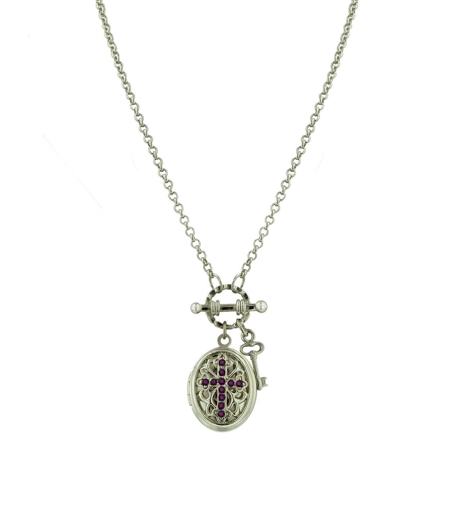 1928 Birthstone Cross Locket Necklace - Personalized Sterling Silver Pendant with 24