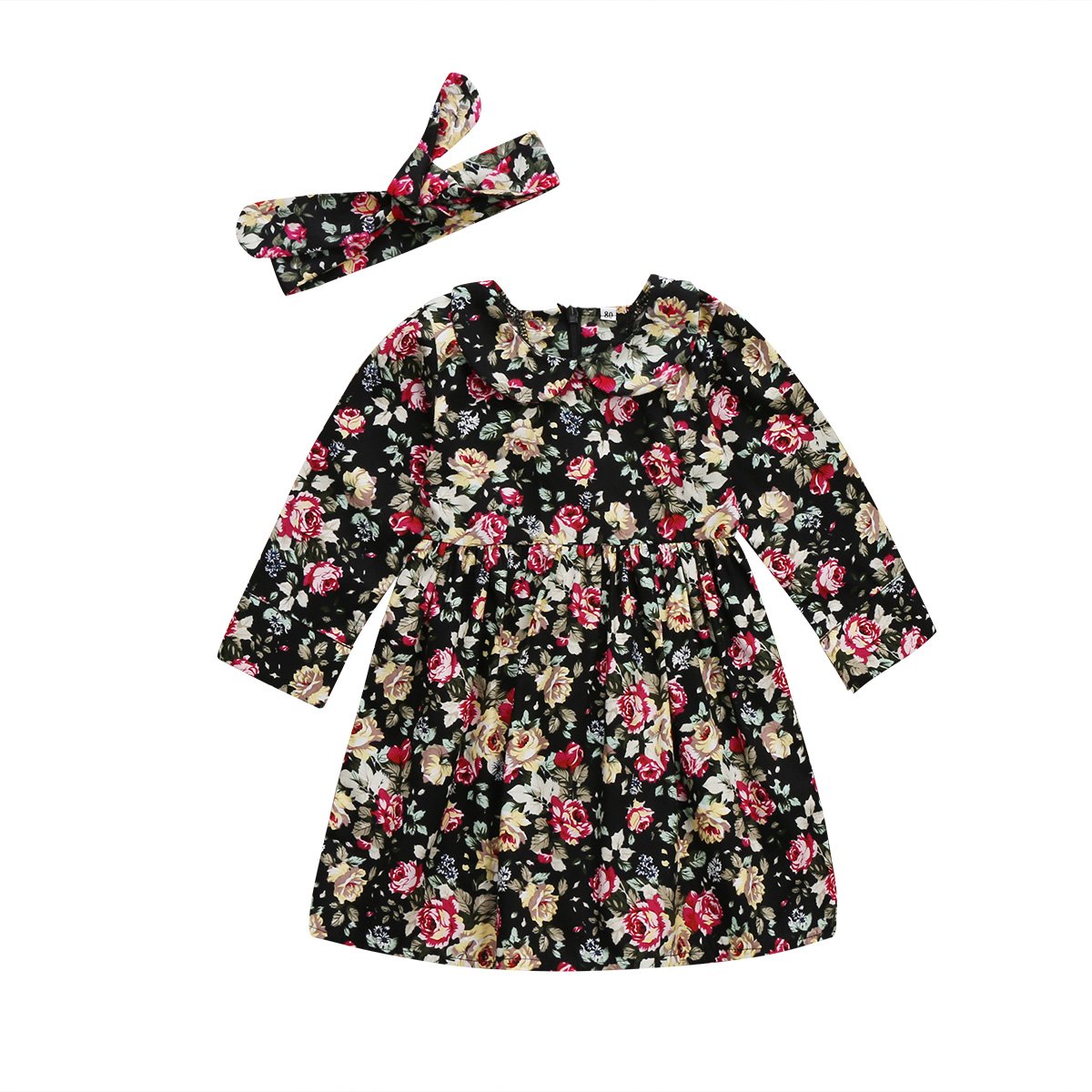 Toddler Baby Girls Floral Long Sleeve A-Line Party Dress with Doll Collar & Bow Headband - Cute Outfit for Birthday, Holiday & Special Occasions