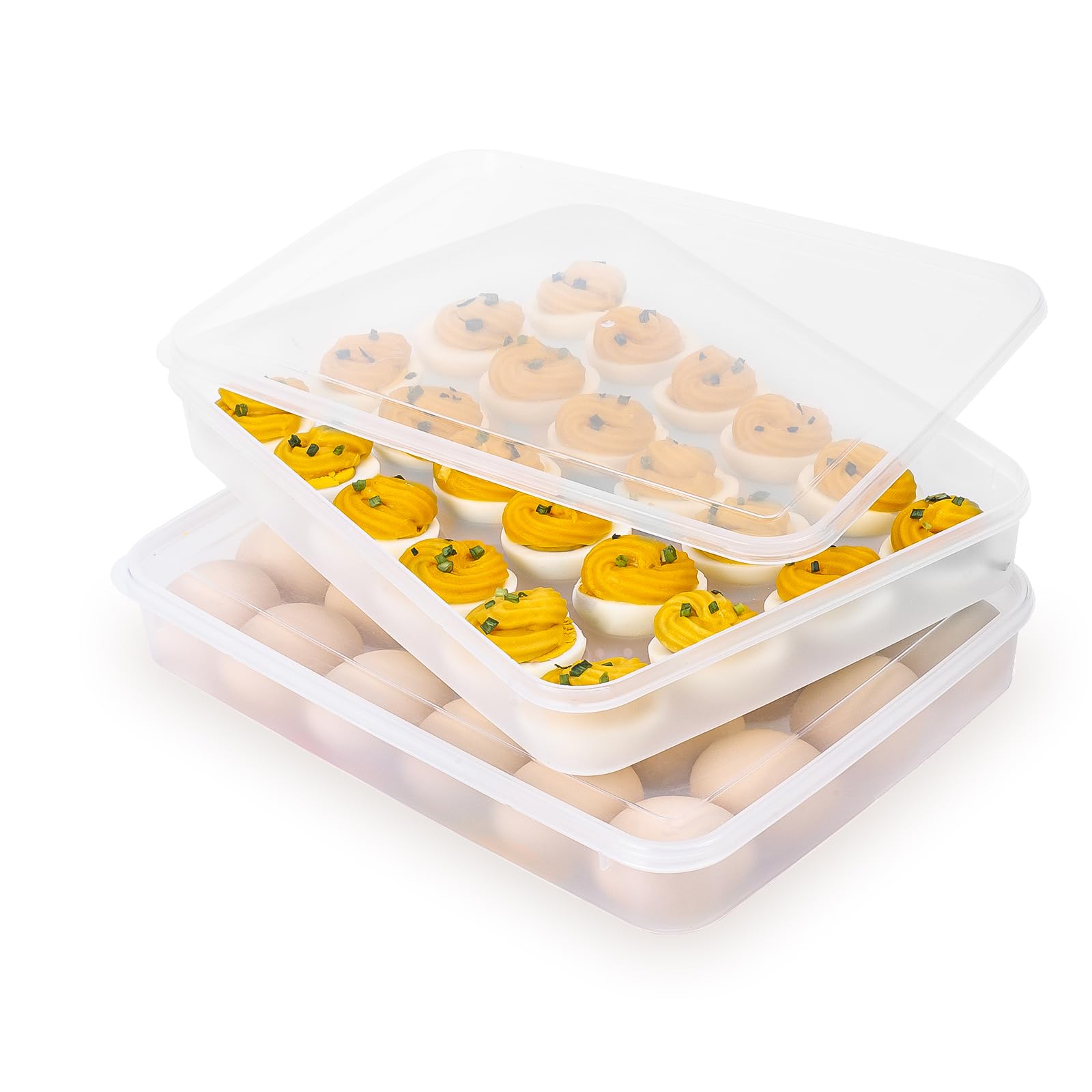 Stackable Deviled Egg Containers with Lid (Set of 2) – Clear Plastic Egg Carrier for 48 Eggs, Refrigerator Storage & Party Serving Tray – Perfect for Easter, Picnics, Potlucks & Holiday Gatherings