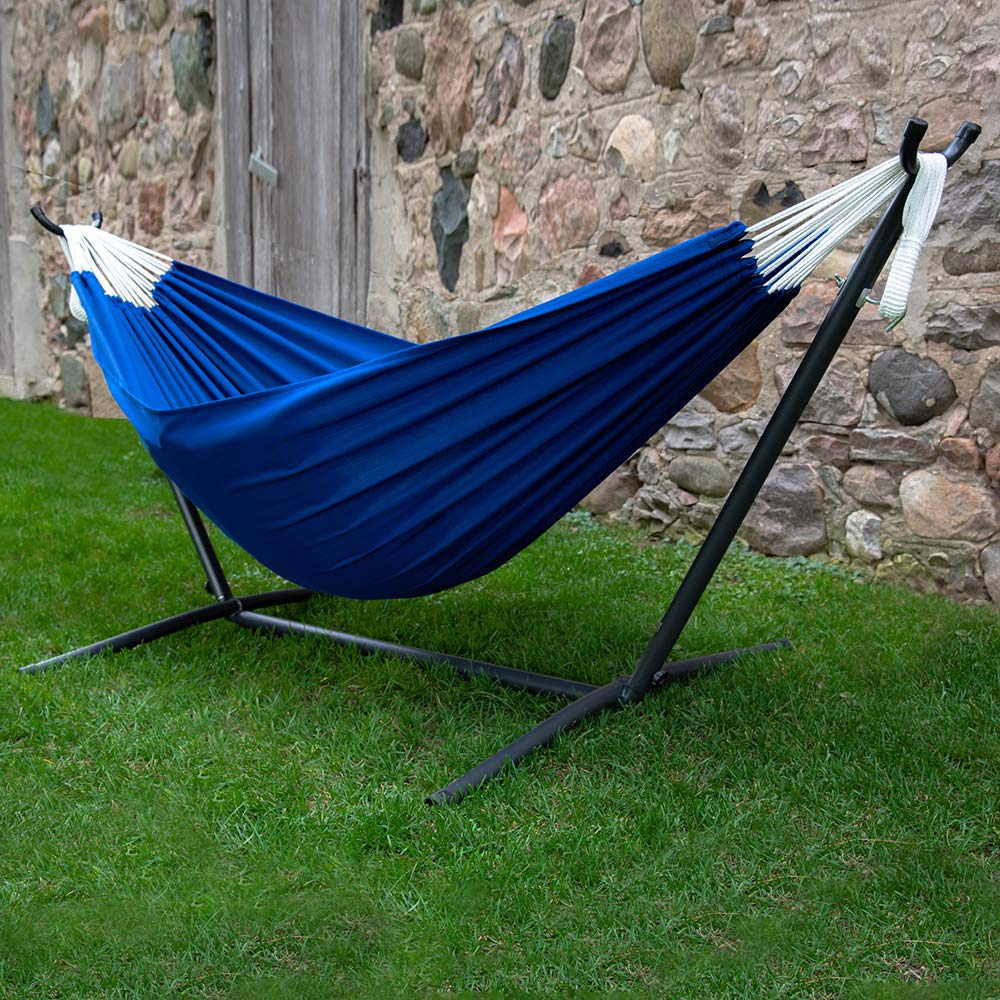 Vivere Double Hammock with Space-Saving Steel Stand & Carry Bag - 450 lb Capacity, Royal Blue - Perfect for Backyard, Camping, Beach & Outdoor Relaxation