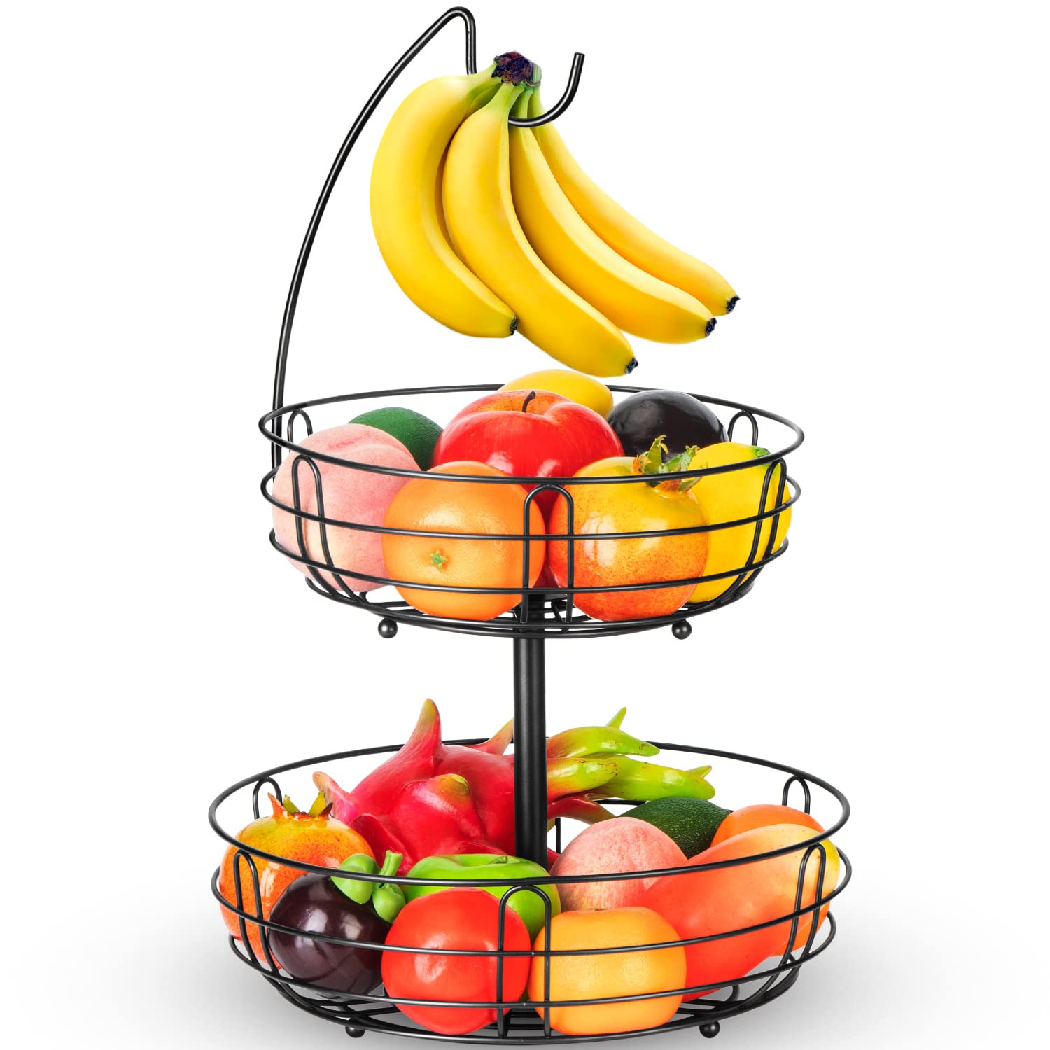 Bextsrack 2 Tier Fruit Basket with Banana Hanger - Detachable Kitchen Countertop Organizer for Fruits & Vegetables, Black | Perfect for Kitchen Storage & Countertop Display