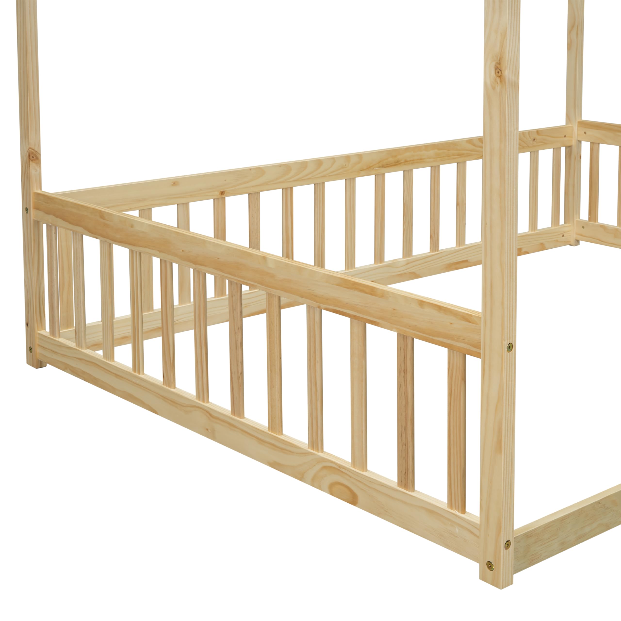 Montessori Full Size Canopy Bed Frame with Guardrails for Kids - Solid Wood Four Poster Floor Bed for Girls & Boys (Natural Finish) | Safe Toddler Bedroom Furniture for Playrooms & Montessori Learning Spaces