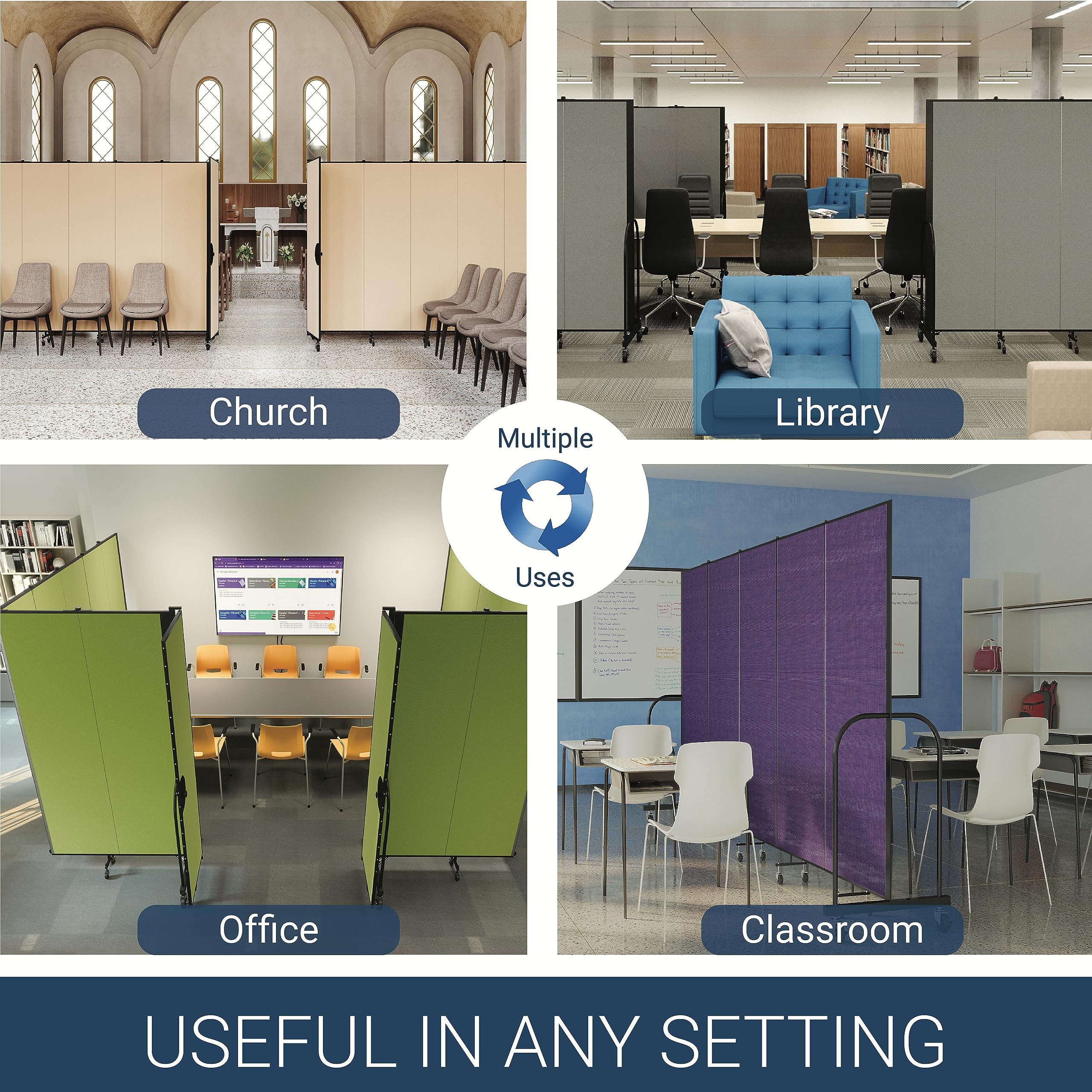 CFSL503-DB 3-Panel Commercial Portable Room Divider - Privacy Screen for Offices, Classrooms & Events - Foldable Partition Wall for Space Separation