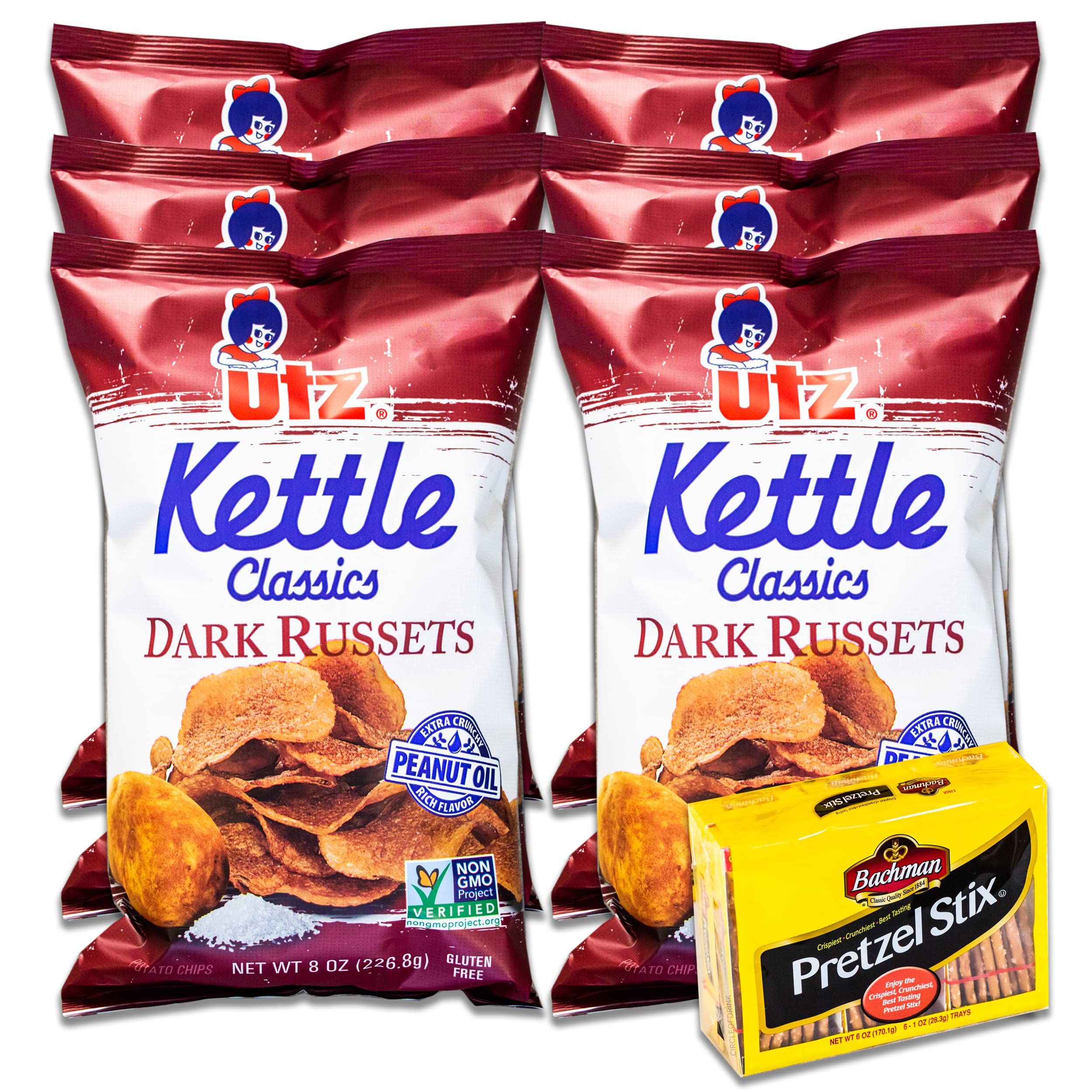 Utz Dark Russets Gourmet Kettle Classics Potato Chips (6 Pack, 8oz Bags) & Bachman Pretzel Stix (6oz) - Crunchy Snack Variety Pack for Parties, Picnics & Movie Nights - Thick Cut, Delicious Kettle Cooked Chips & Pretzel Sticks Combo