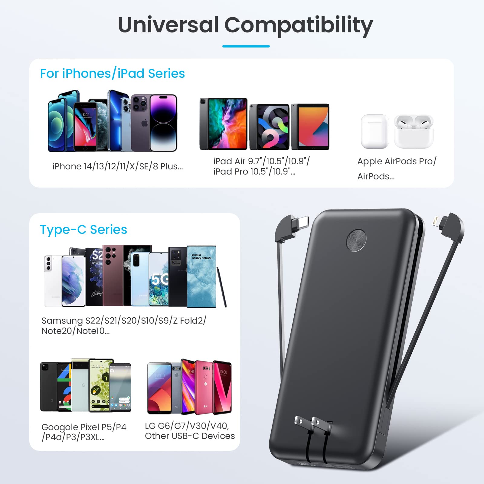 13800mAh Portable Charger with Built-in USB-C/Lightning Cables & AC Wall Plug - Fast Charging Power Bank with LCD Display for iPhone 16/15/14/13, Samsung Galaxy, Android Phones - Perfect for Travel, Camping & Emergency Power Backup