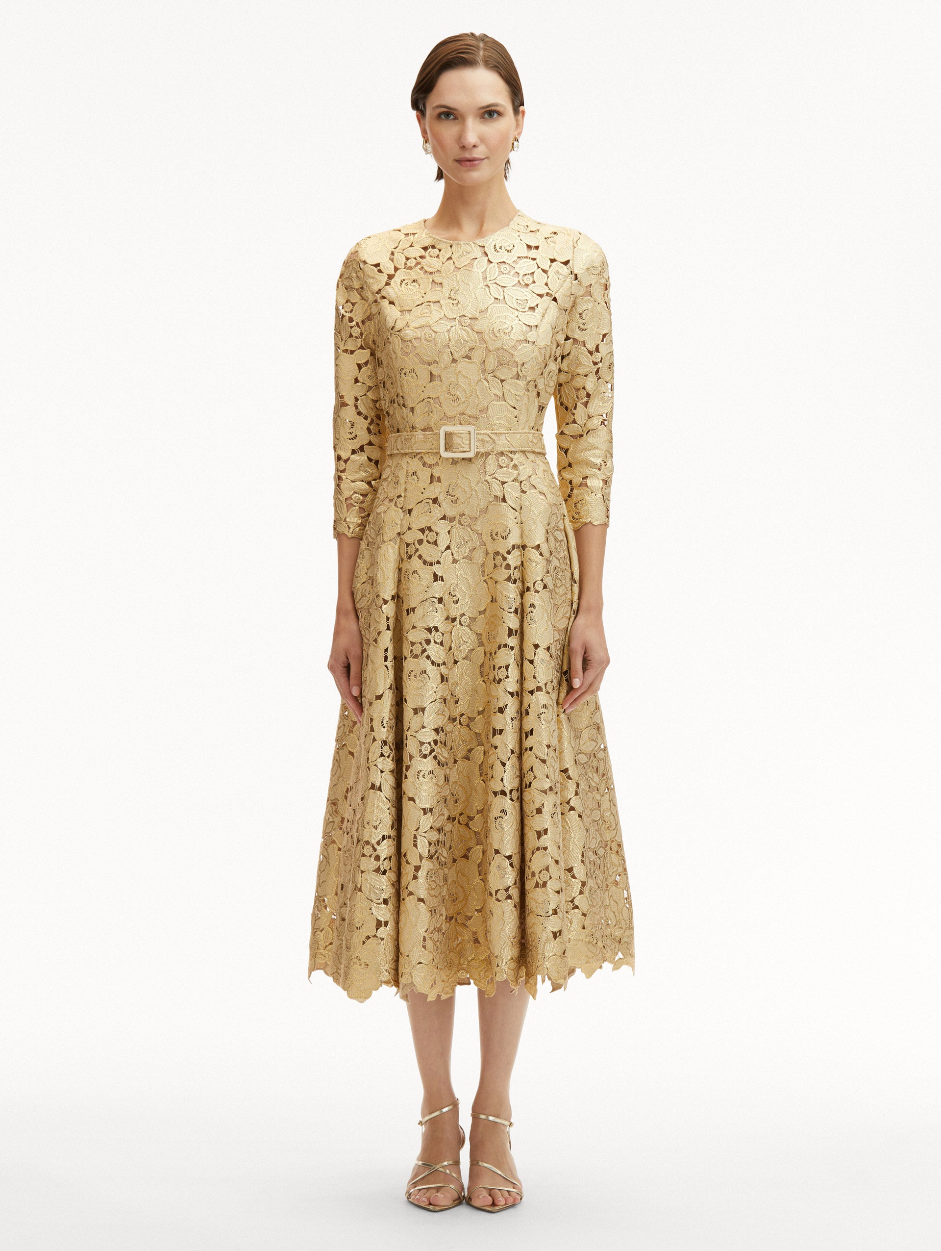 Elegant Gold Foil Rose Guipure Lace Dress for Women - Perfect for Weddings, Parties & Special Occasions