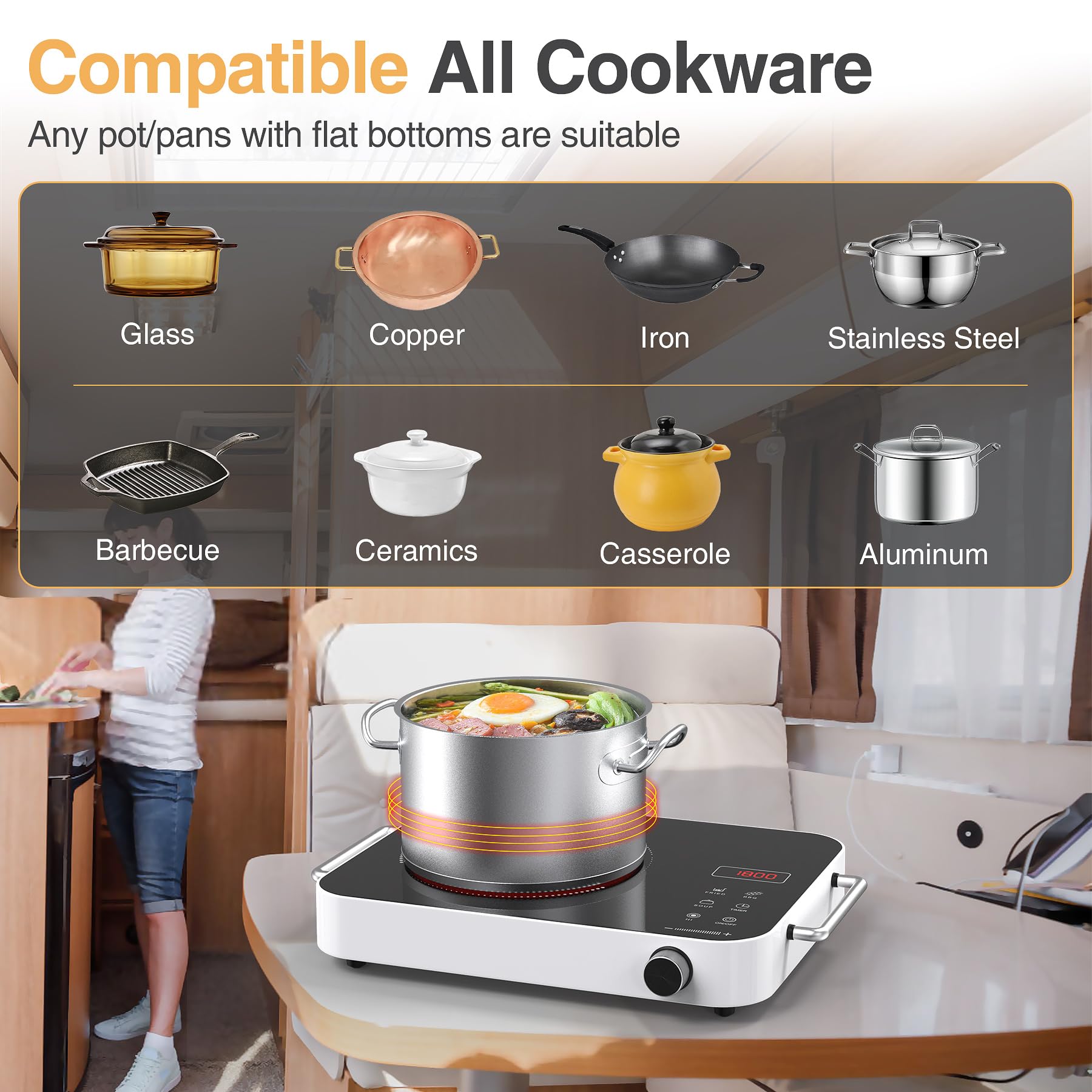 1800W Single Burner Electric Cooktop with Knob Control - Portable 110V Stove Top with Double Ring Heating, 2 Handles & 4-Hour Timer - Perfect for Dorm Rooms, Small Kitchens & RV Cooking