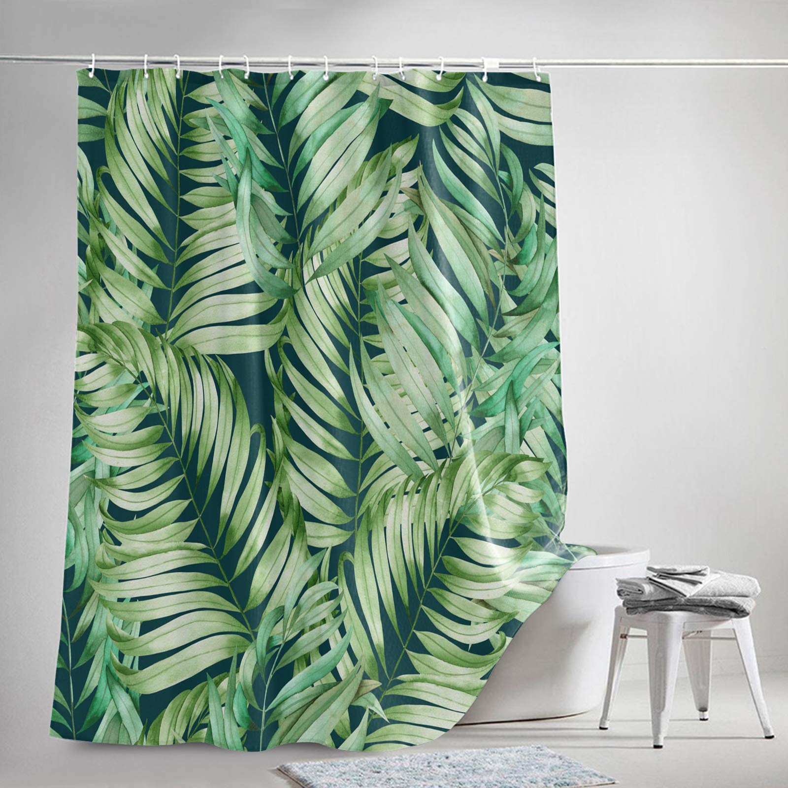 Botanical Green Leaves Waterproof Polyester Shower Curtain with Hooks - Tropical Plant Bathroom Decor, Machine Washable, 36x72 Inch - Perfect for Summer Refreshment & Spa-Like Bathroom Experience