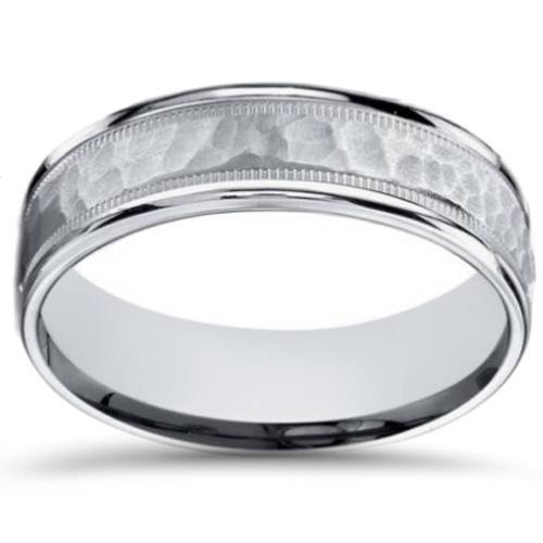 10k White Gold Hammered 6mm Men's Wedding Band - Durable & Comfortable Ring for Everyday Wear, Anniversary Gifts & Special Occasions