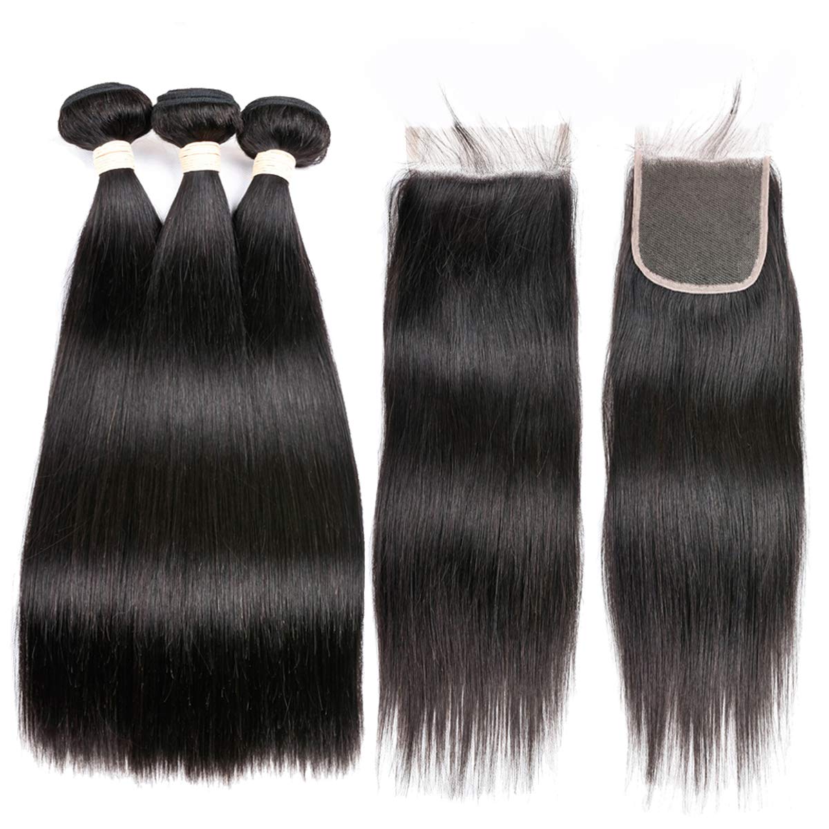 100% Brazilian Virgin Straight Human Hair Bundles with Lace Closure (24 26 28+20) - 3 Bundles Natural Black Hair Extensions for Styling, Weaving & Daily Wear - Perfect for Parties, Weddings & Professional Looks