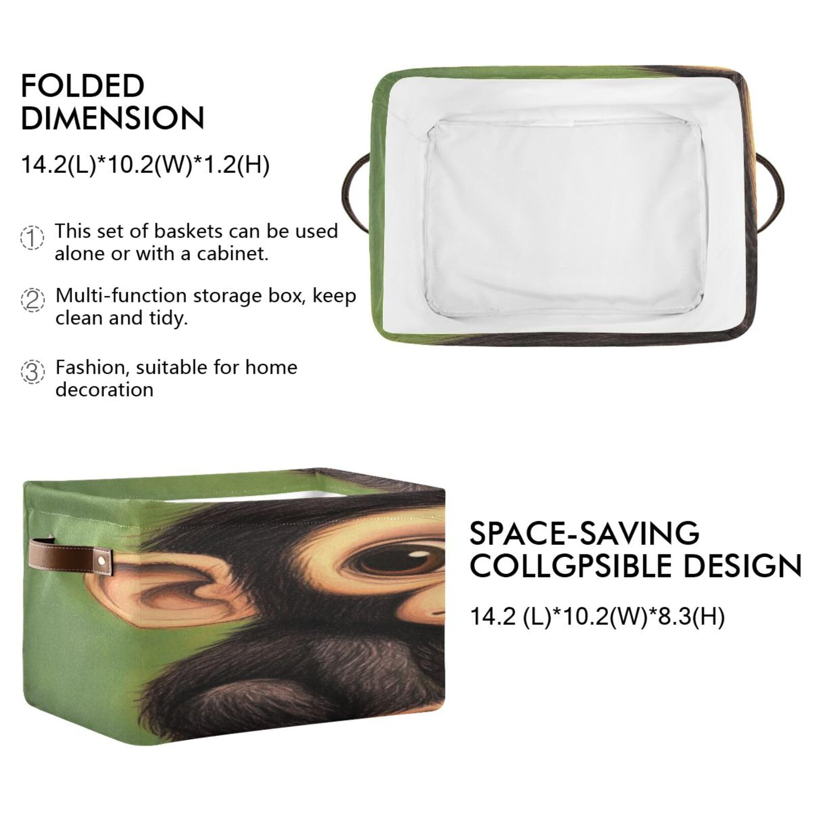Foldable Storage Baskets with Handles - 2 Pack Large Organizing Bins for Closet, Shelves & Home Organization | Space-Saving Crouching Monkey Design | Perfect for Bedroom, Bathroom & Kids' Room Storage