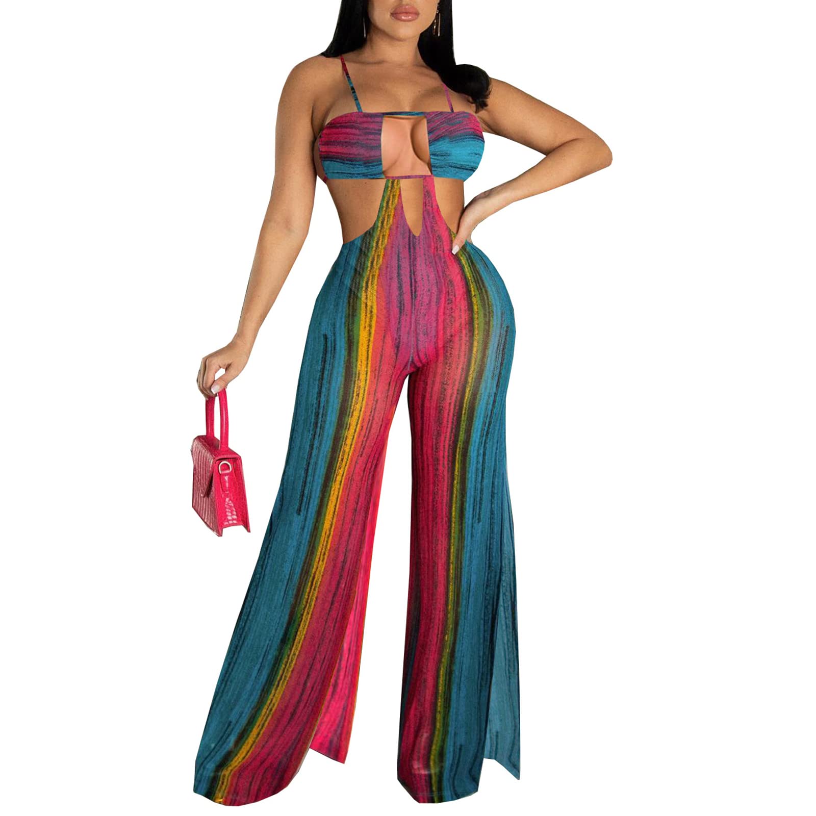 Sexy Women's Deep V Neck Backless Jumpsuit - Printed Spaghetti Strap Bodycon Romper with Wide Leg for Clubwear & Night Out | Perfect for Parties, Date Nights & Special Occasions