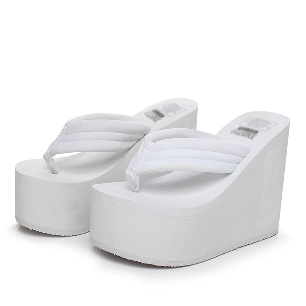 GGHHJ Women's Summer Wedge Heel Flip Flops - Platform High Heel Beach Sandals for Ladies - Comfortable Thick Sole - Perfect for Pool, Vacation & Casual Outings (White, Size 39)