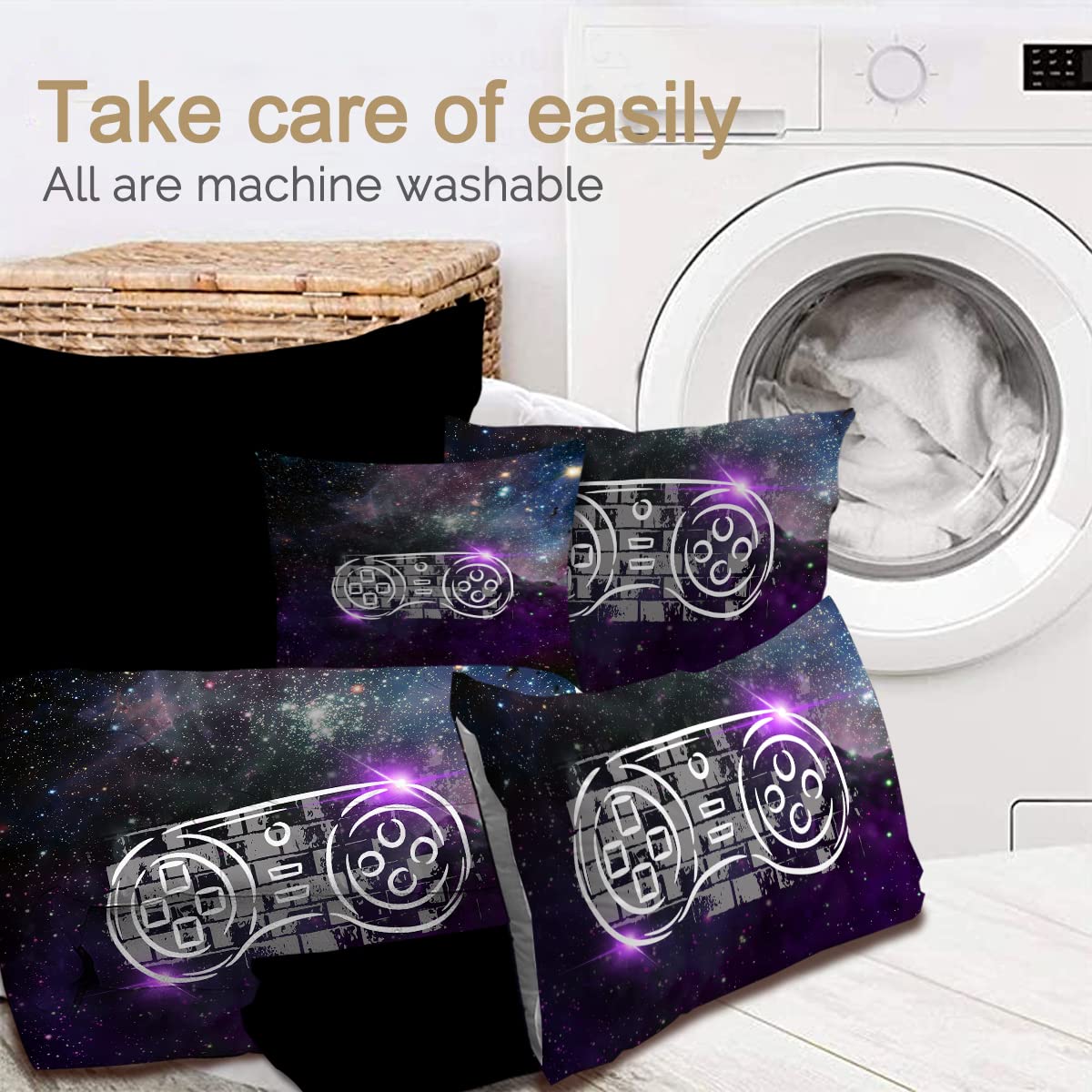 **BlessLiving Gamer Controller King Bedding Set for Boys - 8-Piece Outer Space Retro Video Game Comforter Set with Sheets, Purple Galaxy Theme | Perfect for Kids' Bedrooms, Gaming Rooms & Sleepovers**
