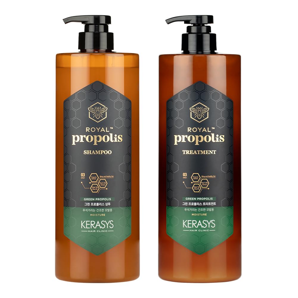 Kerasys Propolis Royal Jelly Shampoo & Conditioner Set - Green Tea & Olive Oil Extract for Shiny, Healthy Hair - 33.8 fl oz / 1L - Deep Moisturizing Treatment for Dry, Damaged Hair - Perfect for Daily Hair Care Routine at Home or Salon