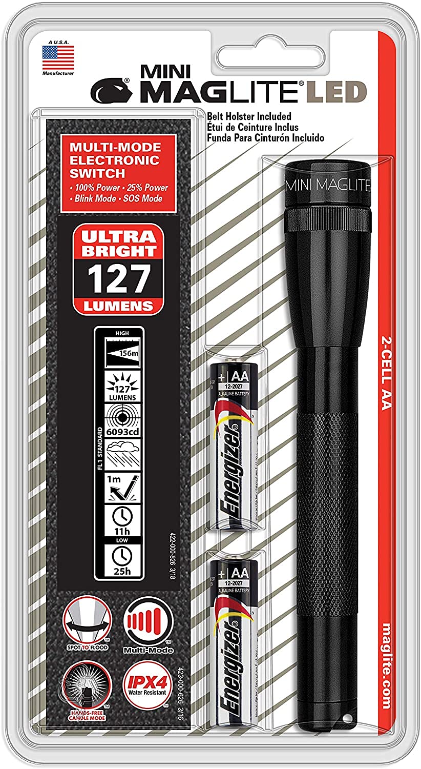 Maglite Mini LED 2-Cell AA Flashlight with Holster - Black | Compact & Bright Tactical Flashlight for Camping, Hiking, Emergency & Everyday Use