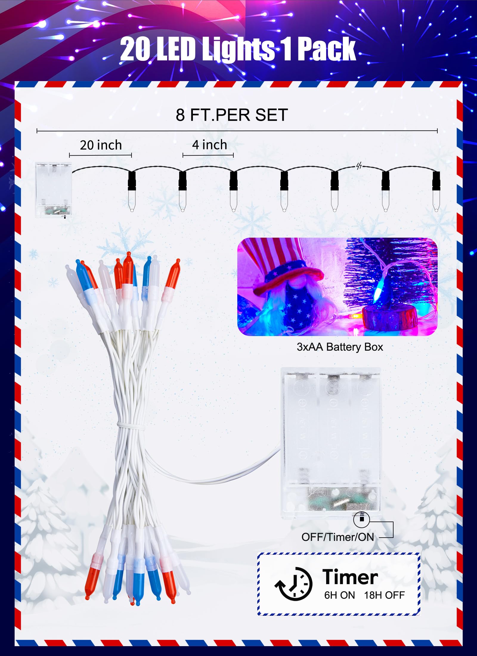 4th of July LED String Lights - 20 Waterproof Patriotic Lights for Outdoor Decor