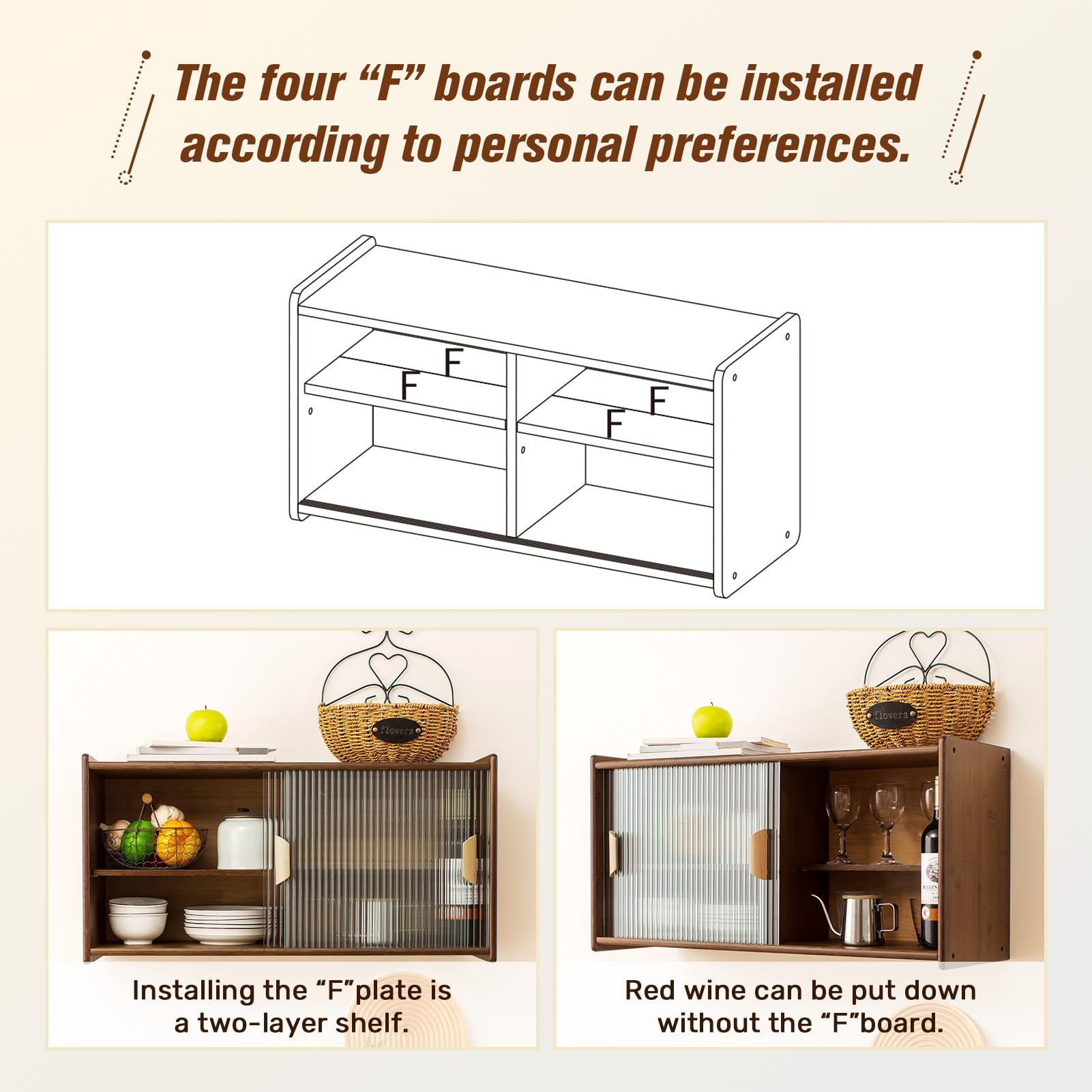 HollyHOME Small Bamboo Wall Mounted Kitchen Pantry Cabinet with 2 Doors - Coffee & Wine Bar Storage for Liquor, Glasses, Bottles & Dishes - Compact Sideboard for Dining Room, Living Room & Kitchen Organization (Walnut Finish)