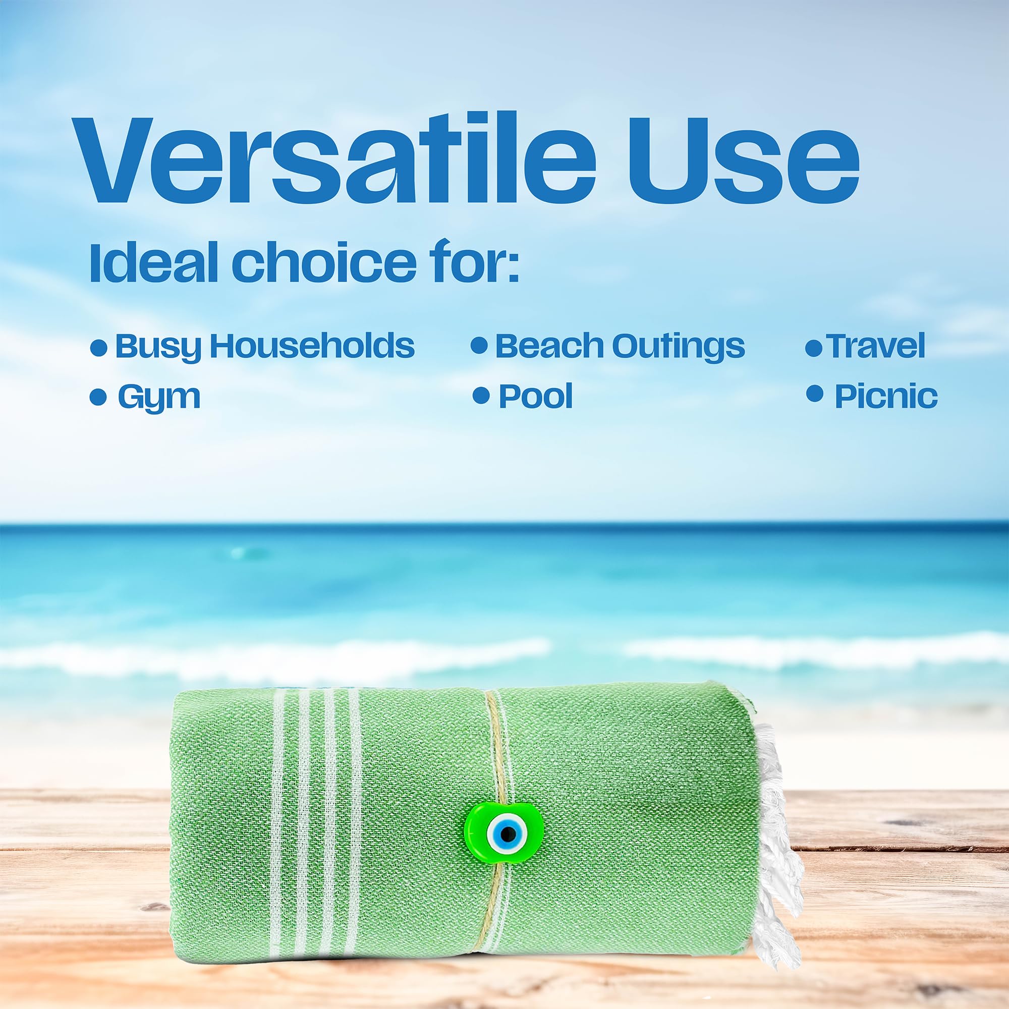 East'N Blue Lina Peshtemal Turkish Cotton Beach Towels - Lightweight, Quick-Dry, Soft & Absorbent 100% Cotton Oversized Towel for Beach, Pool, Gym, Travel | Perfect for Sunbathing, Yoga & Spa Days - Green