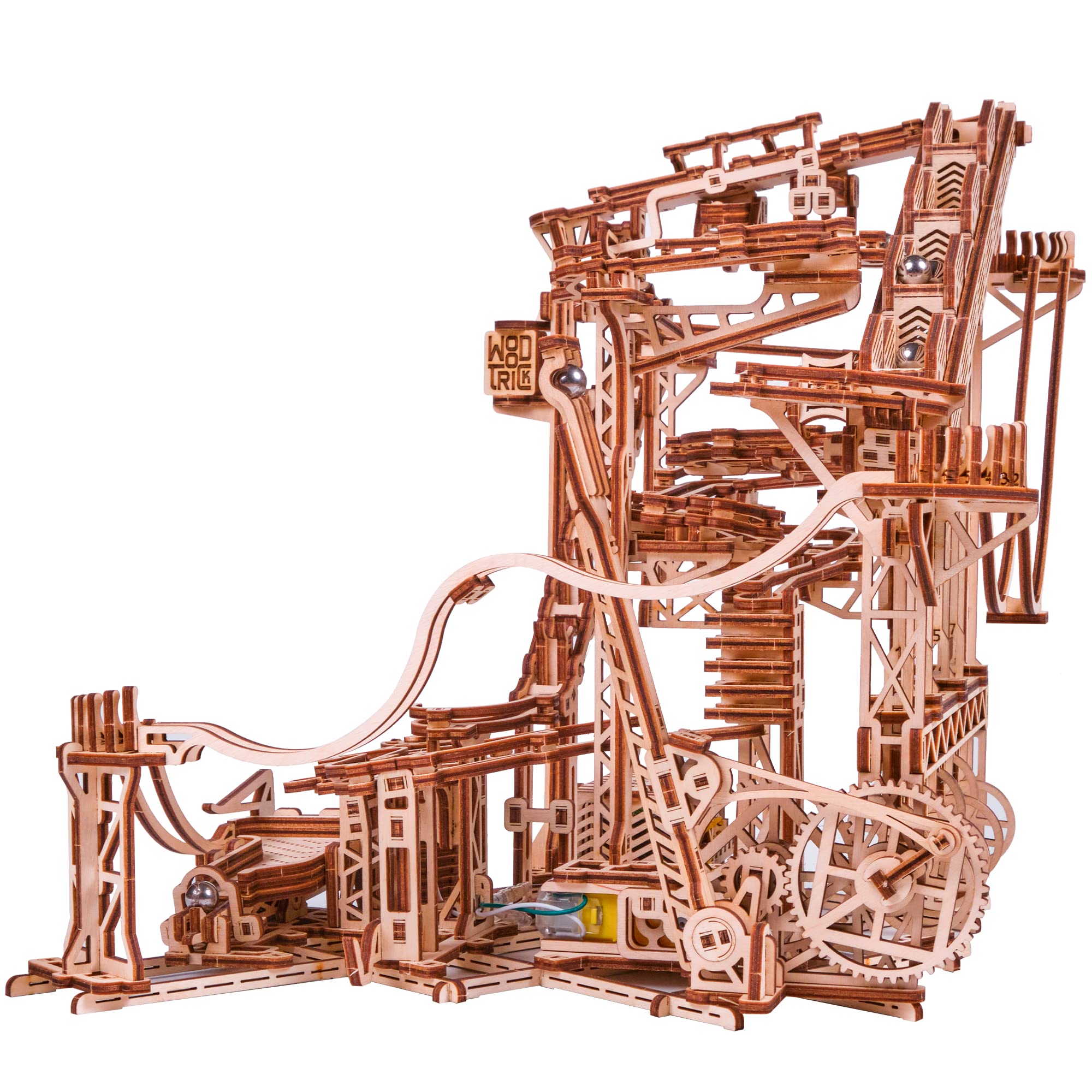 Wooden Marble Run Spiral Electric Motorized 3D Puzzle Kit - DIY Roller Coaster Mechanical Model for Adults & Teens (13x13) - Fun STEM Building Toy for Family Game Night & Educational Play