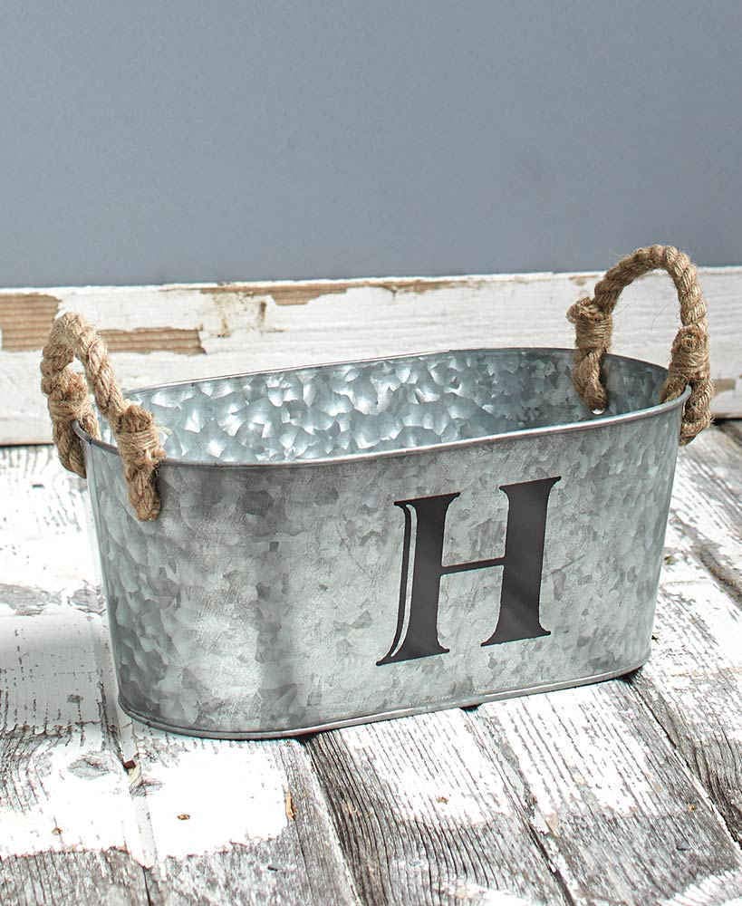 Rustic Farmhouse Galvanized Oval Monogram Bath Storage Planter Tub - Perfect for Bathroom Organization, Home Decor, and Gift Baskets