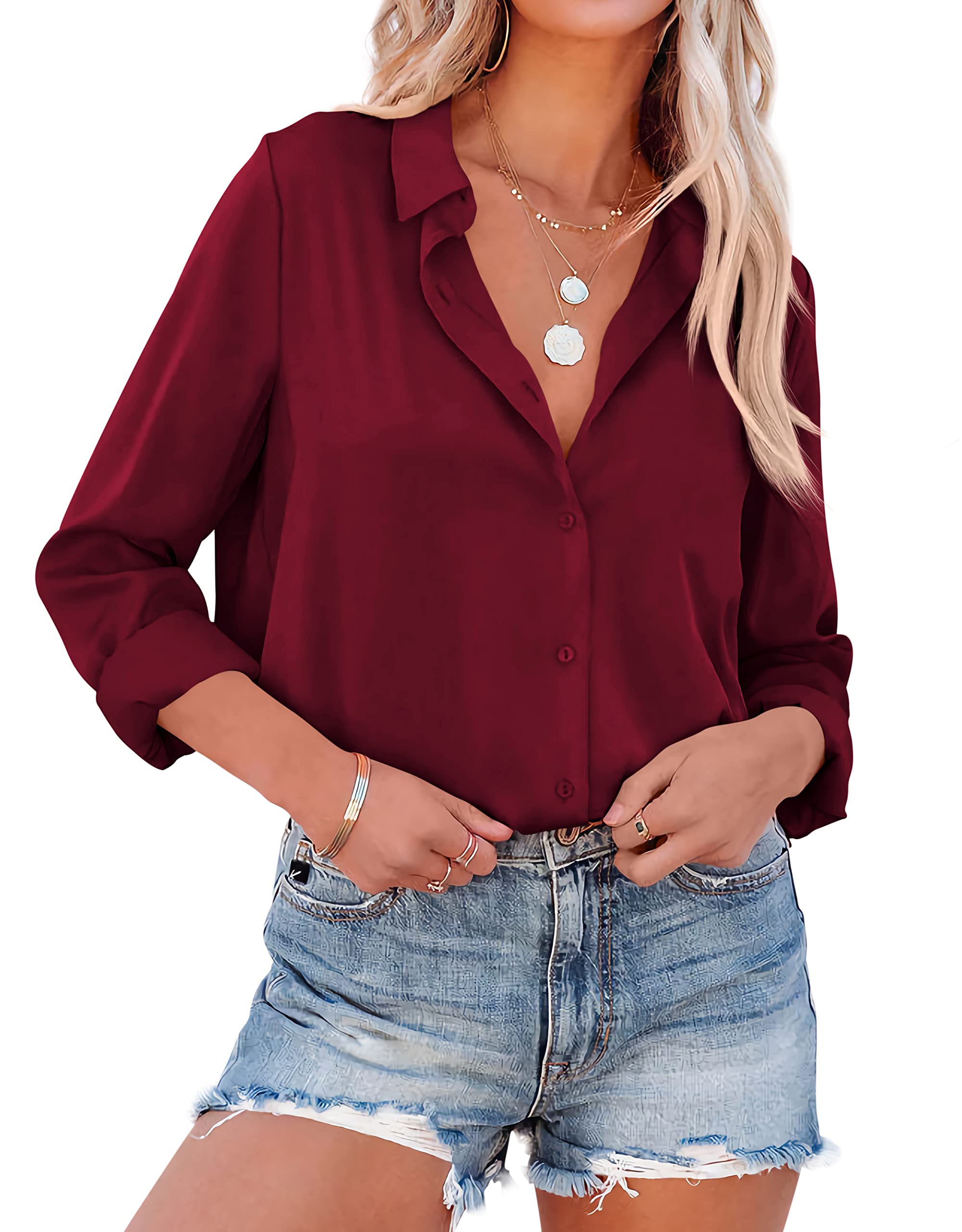AISEW Women's Satin Button Down Shirts - V Neck Long & Short Sleeve Office Blouses for Business Casual Wear | Perfect for Work, Meetings & Professional Outfits