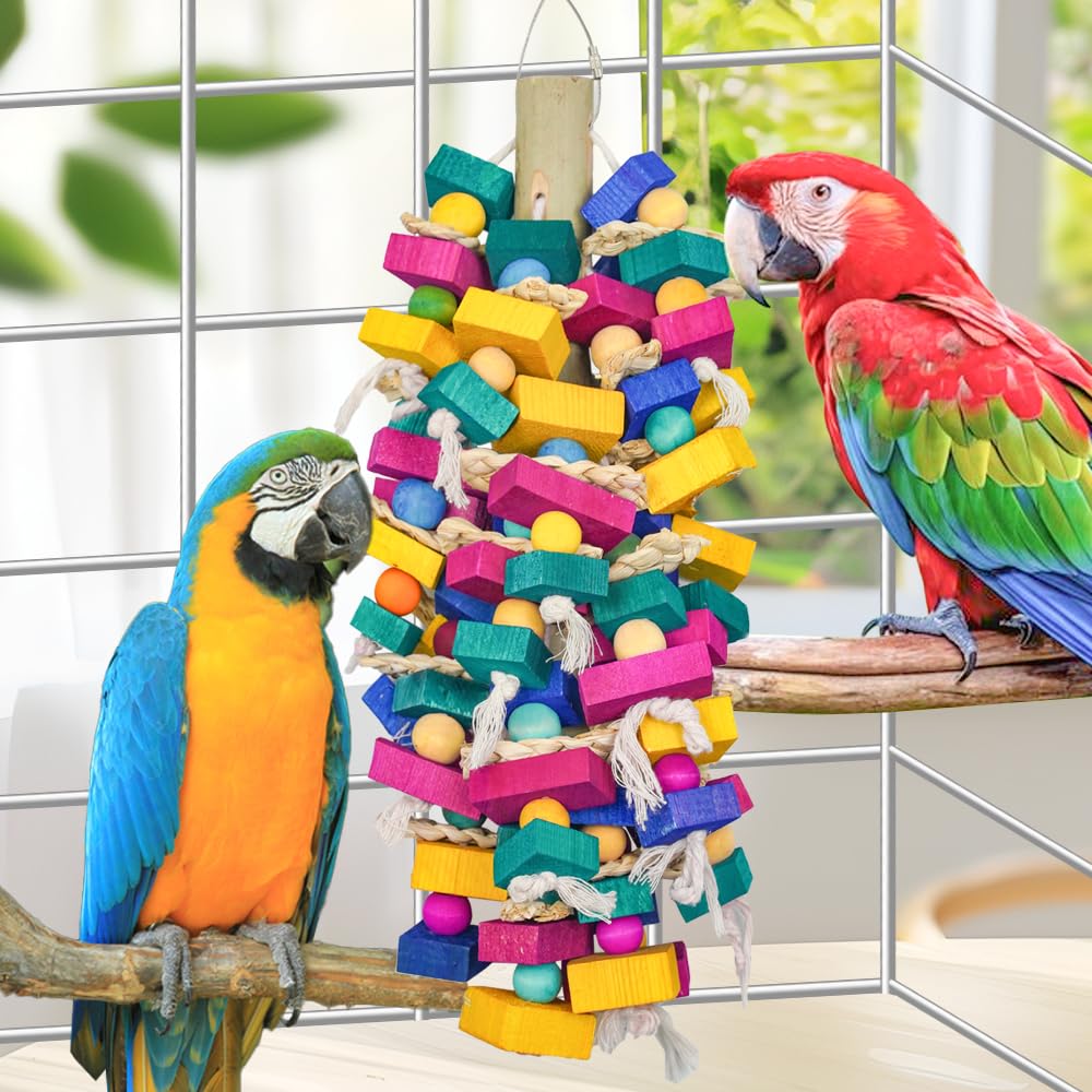 **Colorful Large Parrot Chewing Toys for Macaws, Cockatoos & African Greys - Natural Wooden Bird Cage Toy for Medium to Large Birds - Perfect for Playtime & Mental Stimulation**