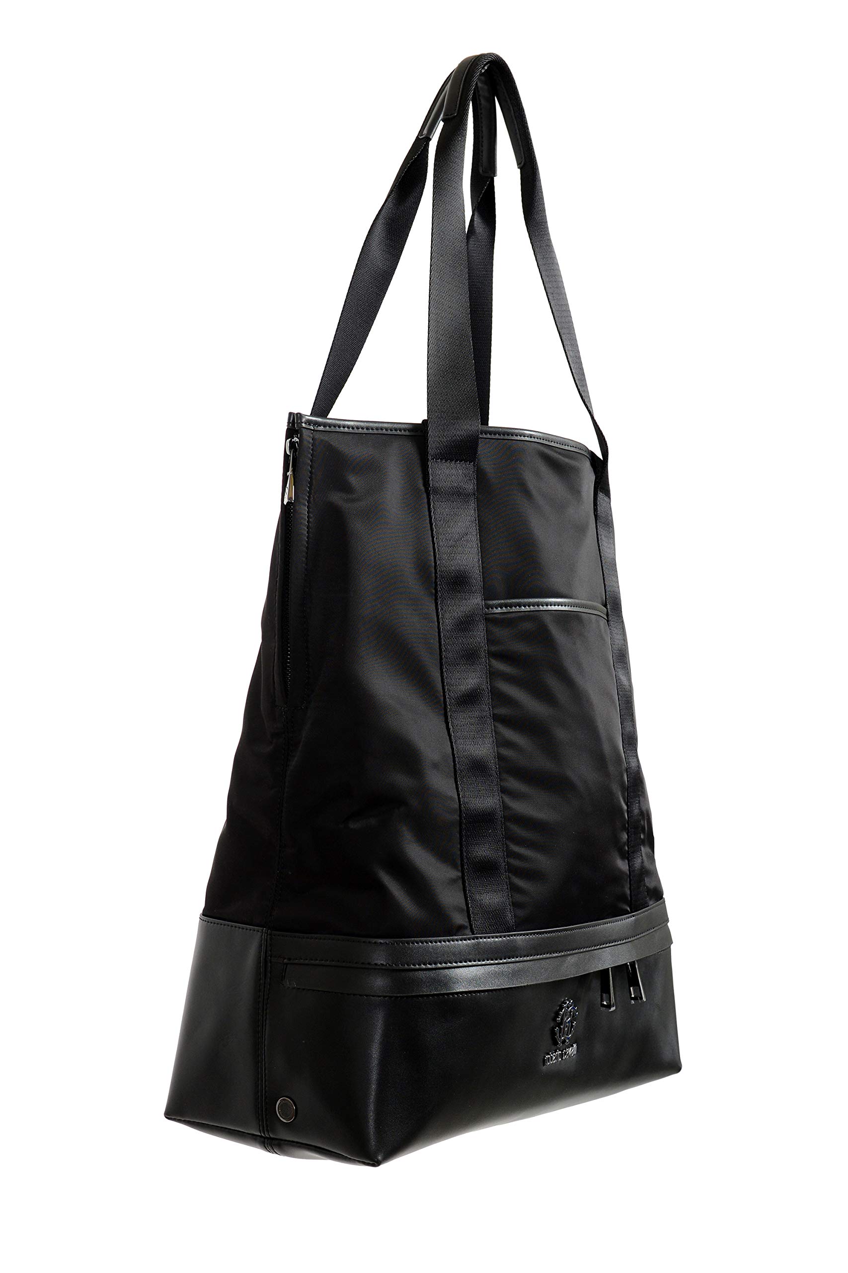 Roberto Cavalli Unisex Black Leather Trimmed Shoulder Handbag Tote Bag - Stylish & Durable for Work, Travel & Everyday Use