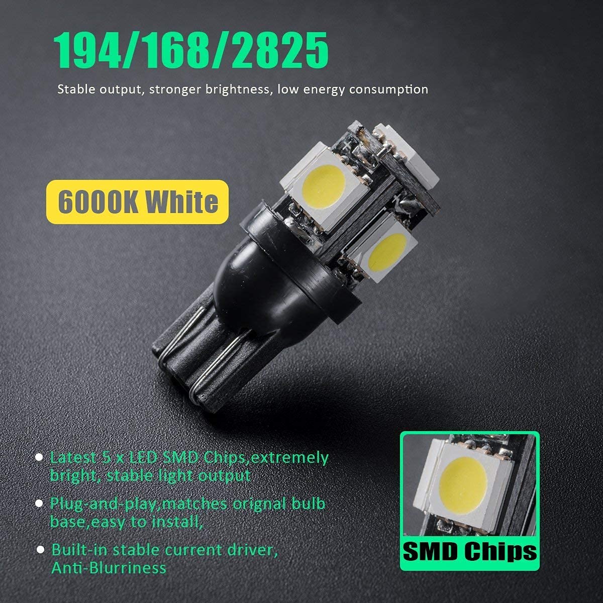 MarsAuto 194 LED Light Bulbs - Super Bright T10 168 2825 5SMD LED Bulbs for Interior Car Lights, License Plate Lights, Dome Map & Door Lights | Perfect for Car Upgrades & Nighttime Visibility