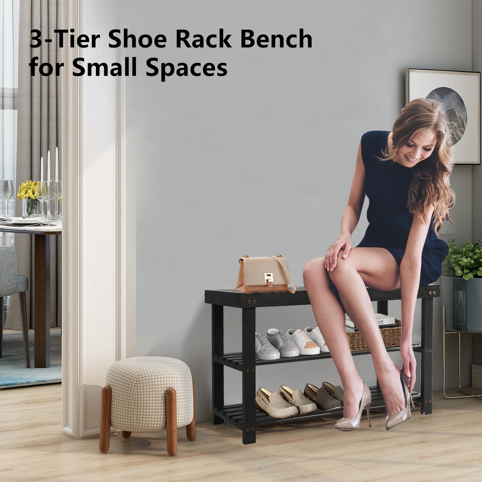 3-Tier Wooden Shoe Rack Bench - Entryway Shoe Organizer with Storage Shelf for Bedroom, Balcony & Hallway (27.5
