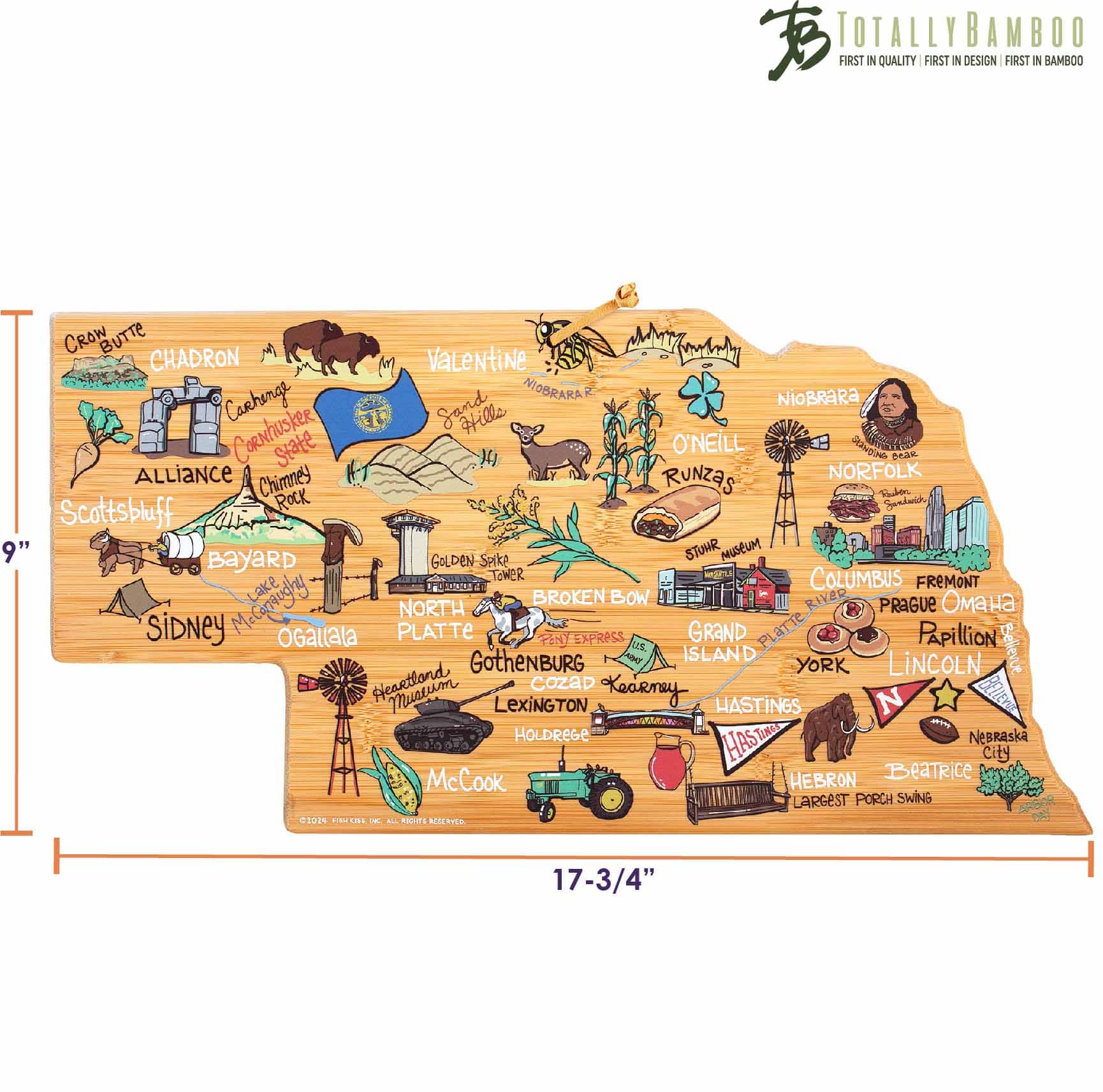 Premium Nebraska Wooden Cutting Board with Fish Kiss™ Artwork - Durable & Stylish Kitchen Essential for Chopping, Serving & Home Decor