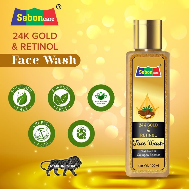 SebonCare Collagen Booster Face Wash with Retinol, 24K Gold & Hyaluronic Acid - Vitamin E Enriched for Brightening, Wrinkle Reduction & Radiant Glow (100ml) - Perfect for Daily Anti-Aging Skincare Routine