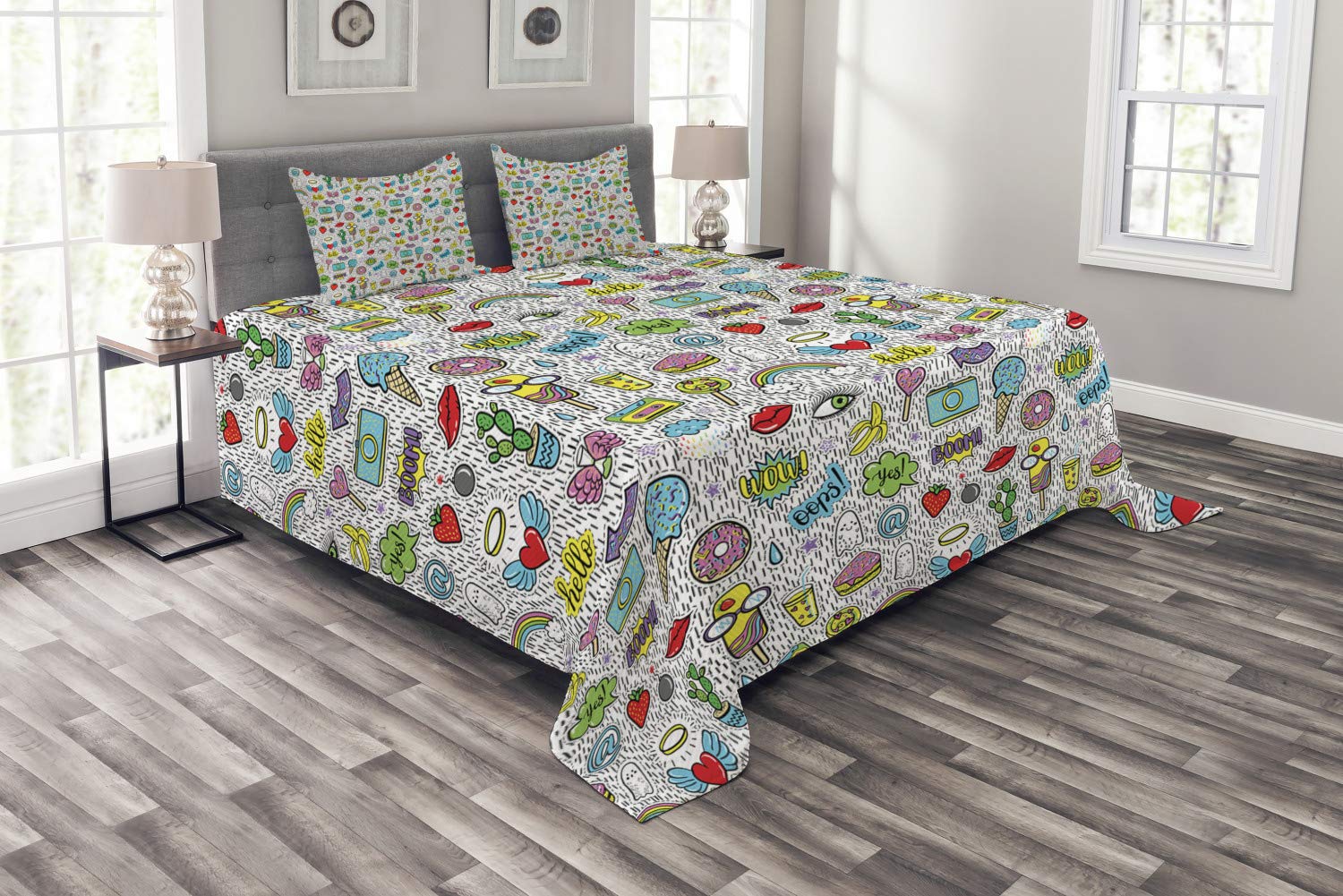 Ambesonne Emoticon Bedspread Set - King Size 3 Piece Quilted Coverlet with 2 Pillow Shams | Pop Art Hand-Drawn Cartoon Design Featuring Eyes, Ice Cream, Rainbow, Donut, Lip, Heart, Banana & Ghost | Vibrant Multicolor Decor for Bedroom, Dorm or Guest Room