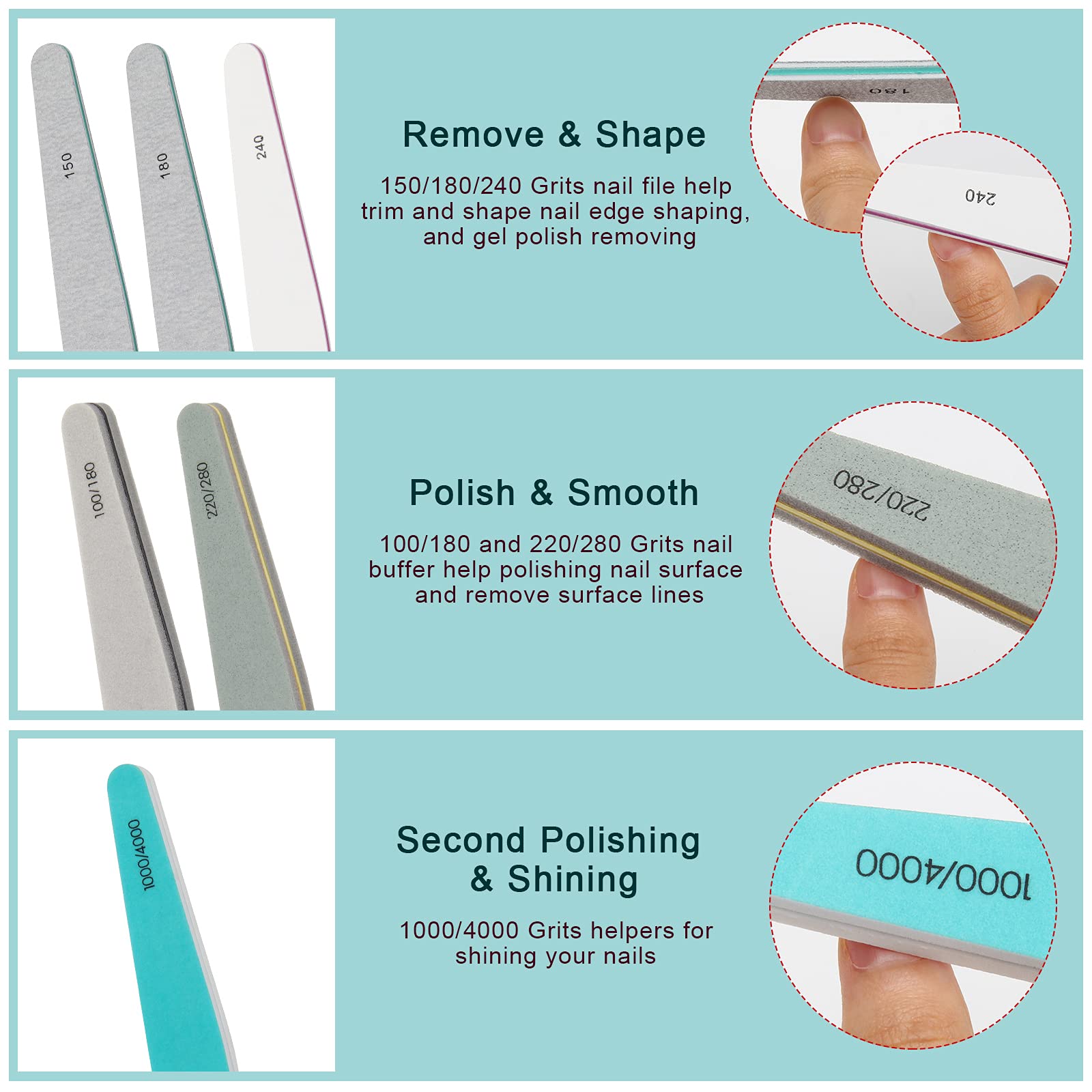 Ahier 6-Piece Nail File Set - Washable Emery Boards, Buffers & Gel Polish Remover with Different Grits for Professional Manicures & Pedicures at Home or Salon