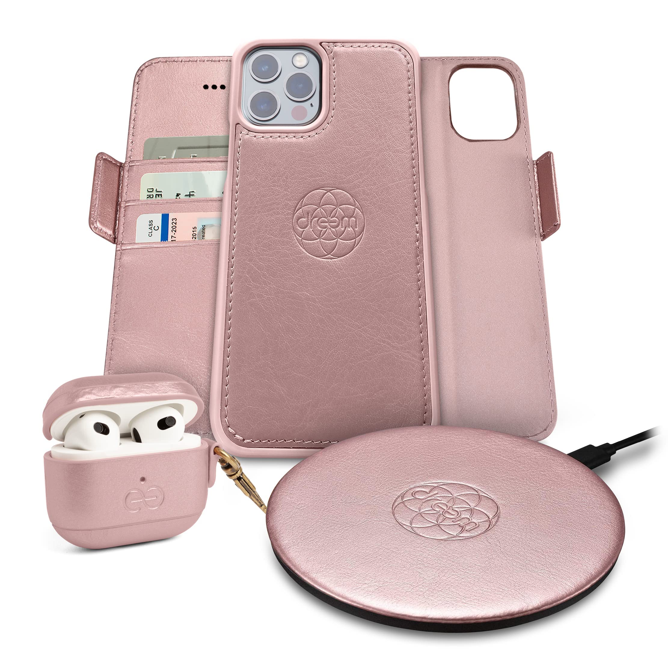 Fibonacci Wallet-Case for iPhone 12 Pro Max with Om AirPods 3 Cover & Beam Wireless Charger - Rose Gold Luxury 3-in-1 Bundle | Perfect for Travel, Work & Daily Use
