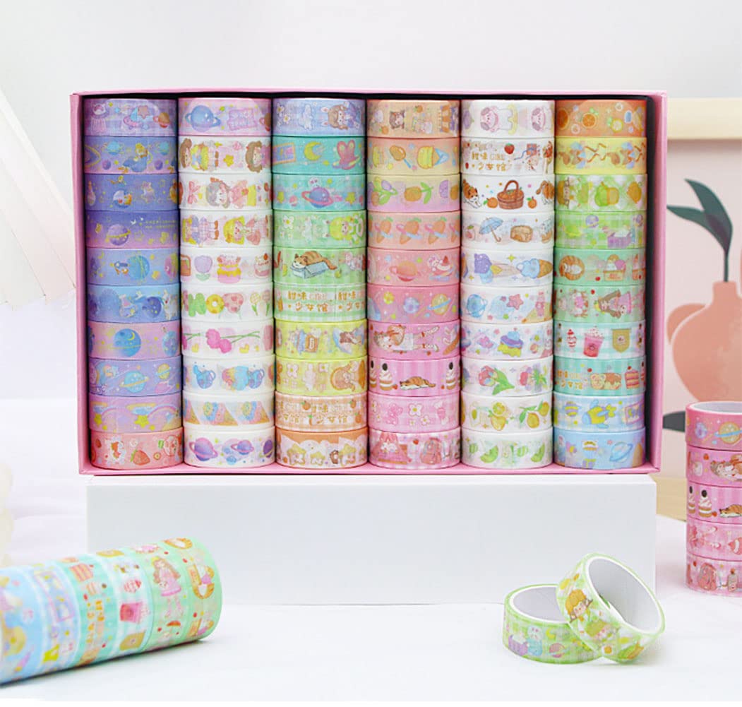 MAFELOE 60 Rolls Washi Tape Set - 2 Meters Long Decorative Adhesive Tape for Scrapbooking, Journaling, Bullet Journals, DIY Crafts & Home Decor - Cute Pink Box Design