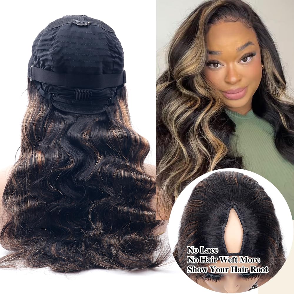 Xagujpo 26inch Body Wave V Part Human Hair Wig - No Sew #FB30 Ombre Brown U Part Wig with 180% Density - Highlighted Human Hair Wigs for Women | Perfect for Daily Wear, Parties & Special Occasions